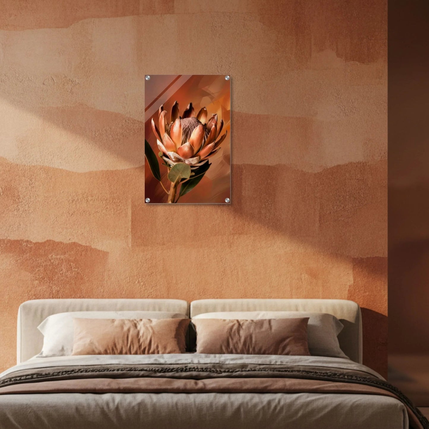 Bedroom with a textured wall and abstract art, featuring a bed with pillows and blankets.