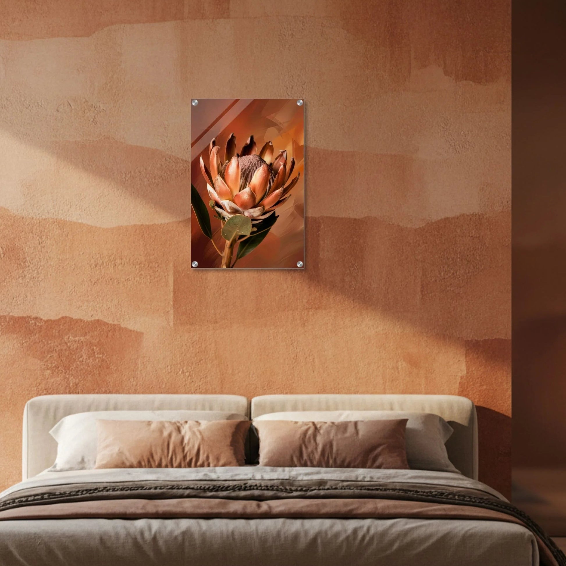 Bedroom with a textured wall and abstract art, featuring a bed with pillows and blankets.