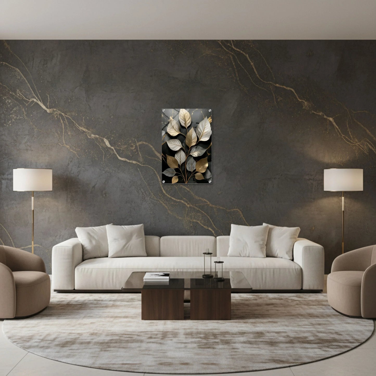 Modern living room with a gray sofa, coffee table, and decorative wall art.