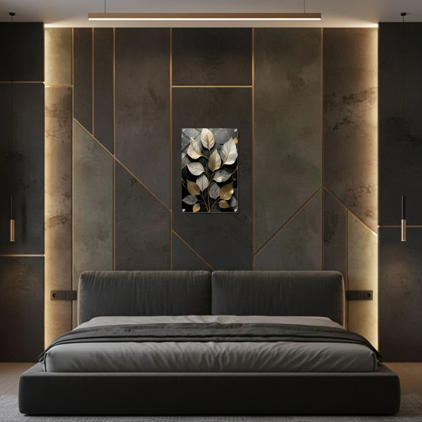 Modern bedroom with a gray bed and geometric wall design.