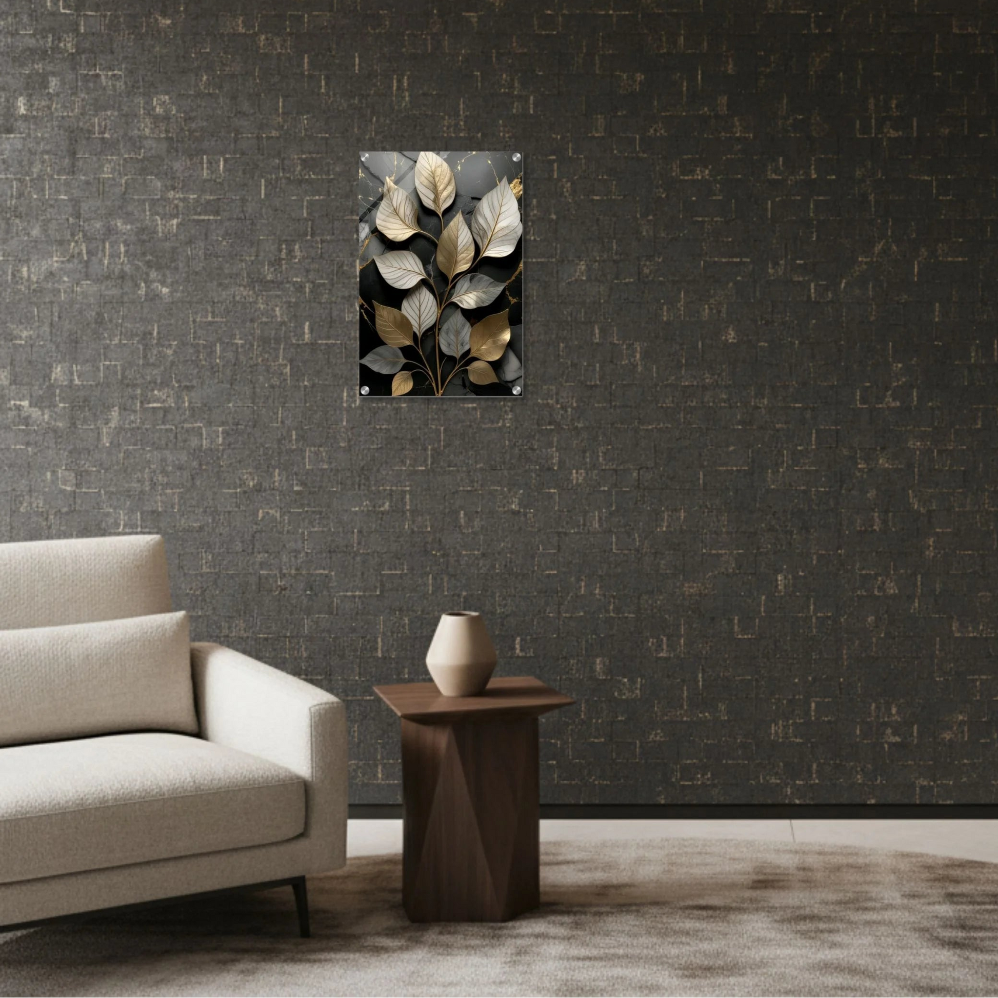 Modern living room with a textured wall, abstract painting, and a vase on a side table.