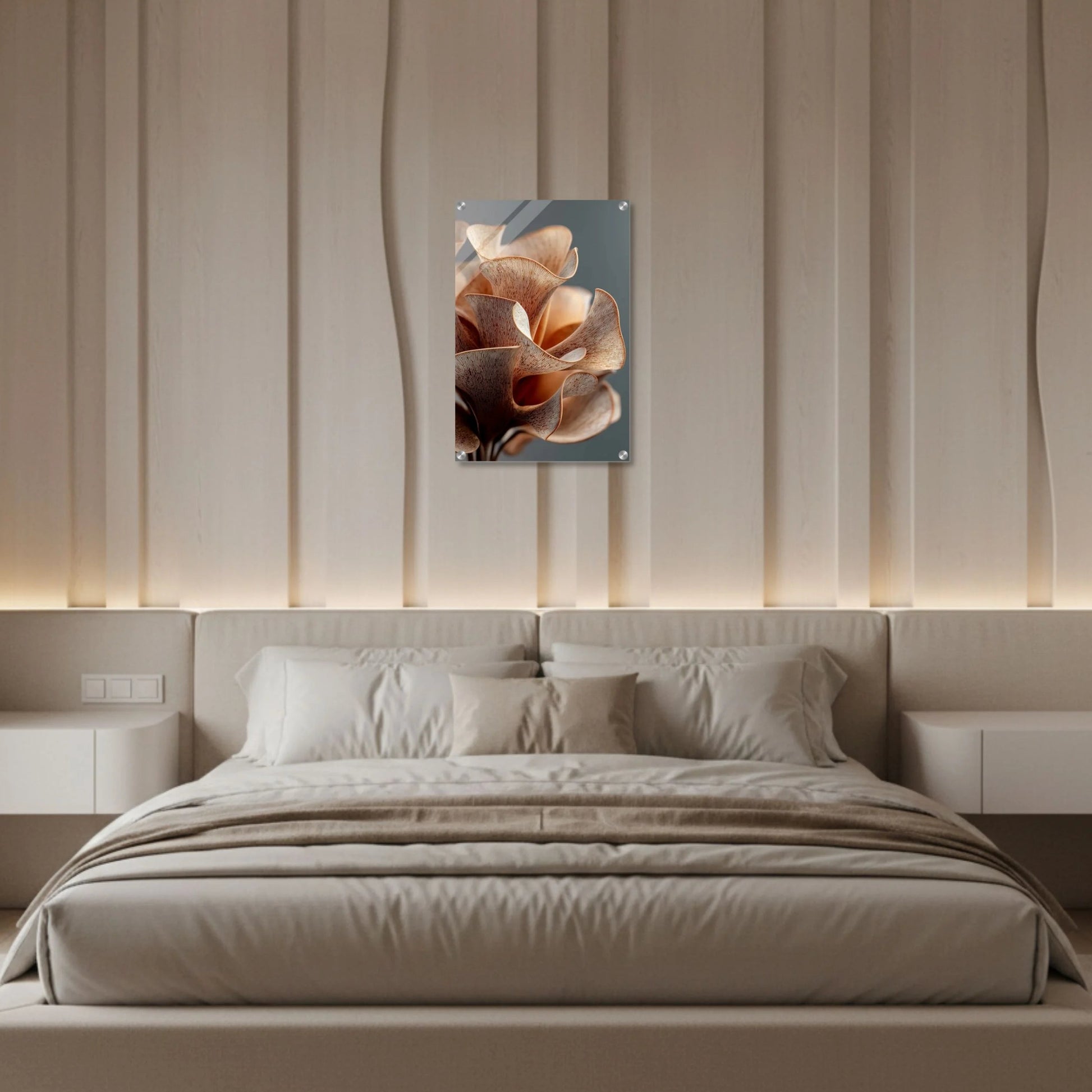 Modern bedroom with a bed and wall art in a neutral color scheme