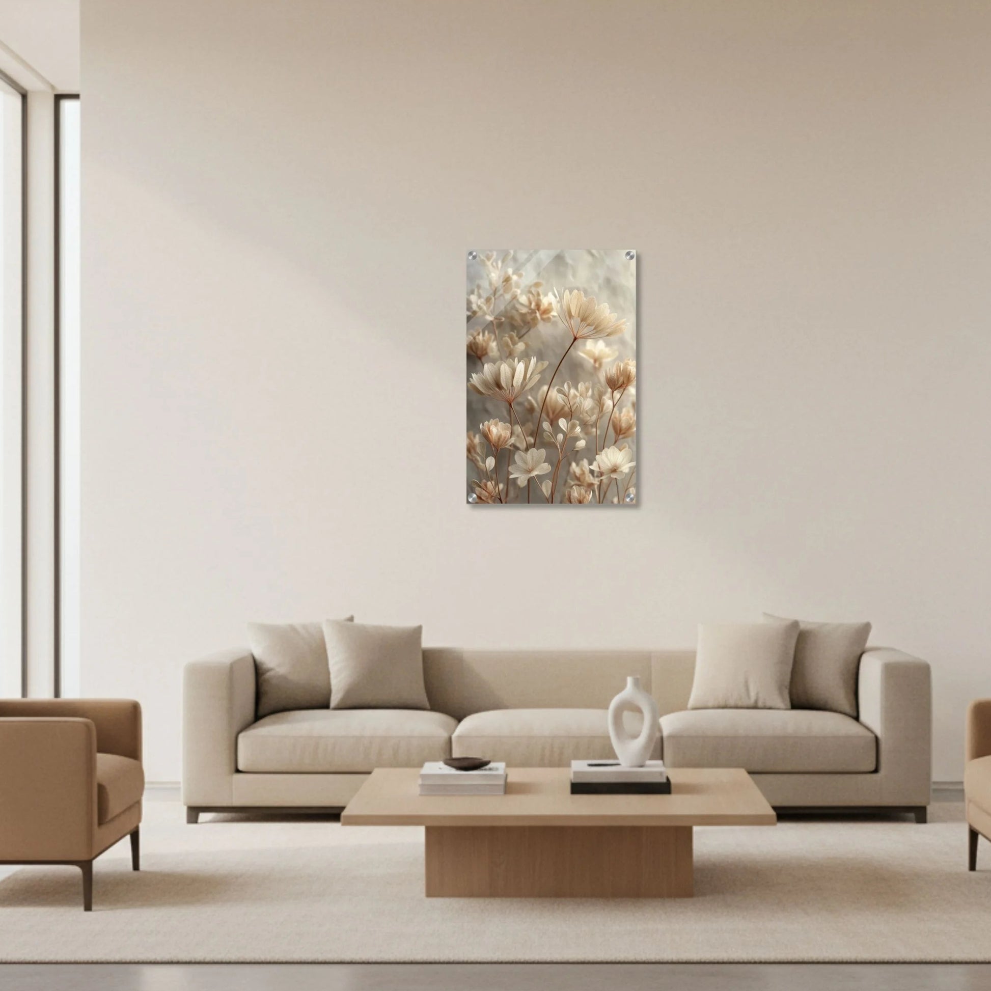Modern living room with beige sofa, armchairs, and a decorative painting on the wall.