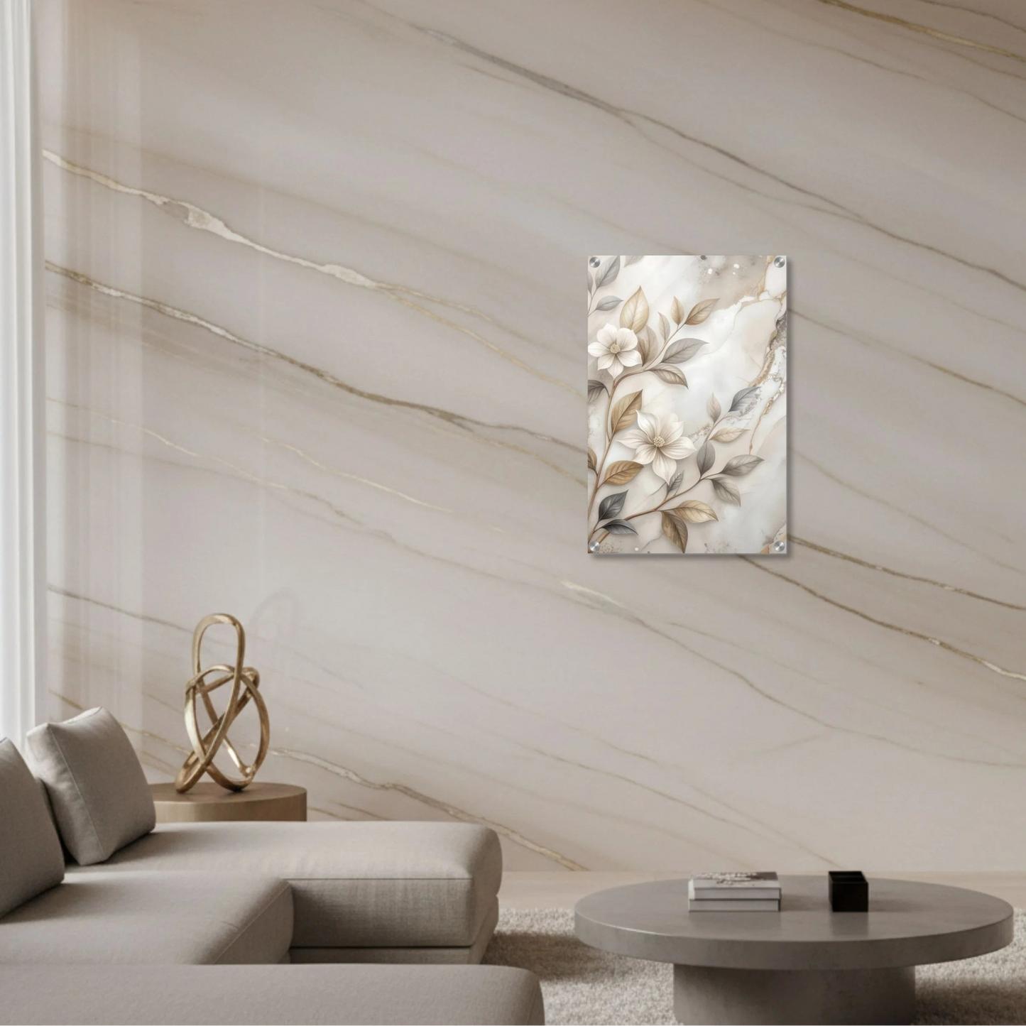 Modern living room with a marble wall, abstract painting, and minimal decor.