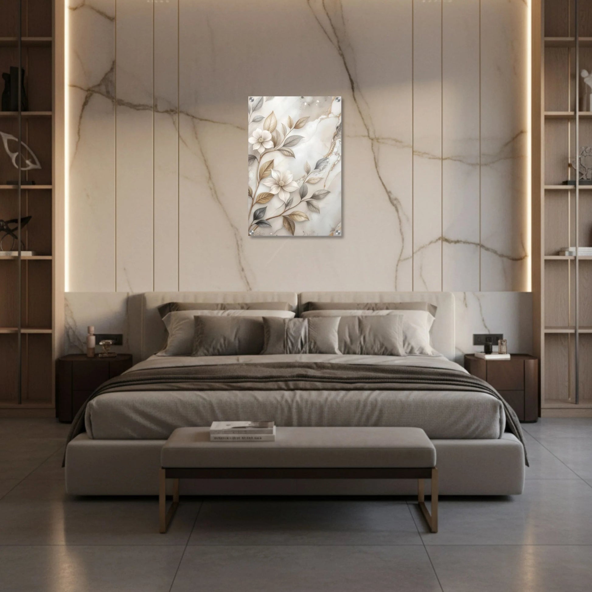 Modern bedroom with marble accent wall, bed, and shelves.