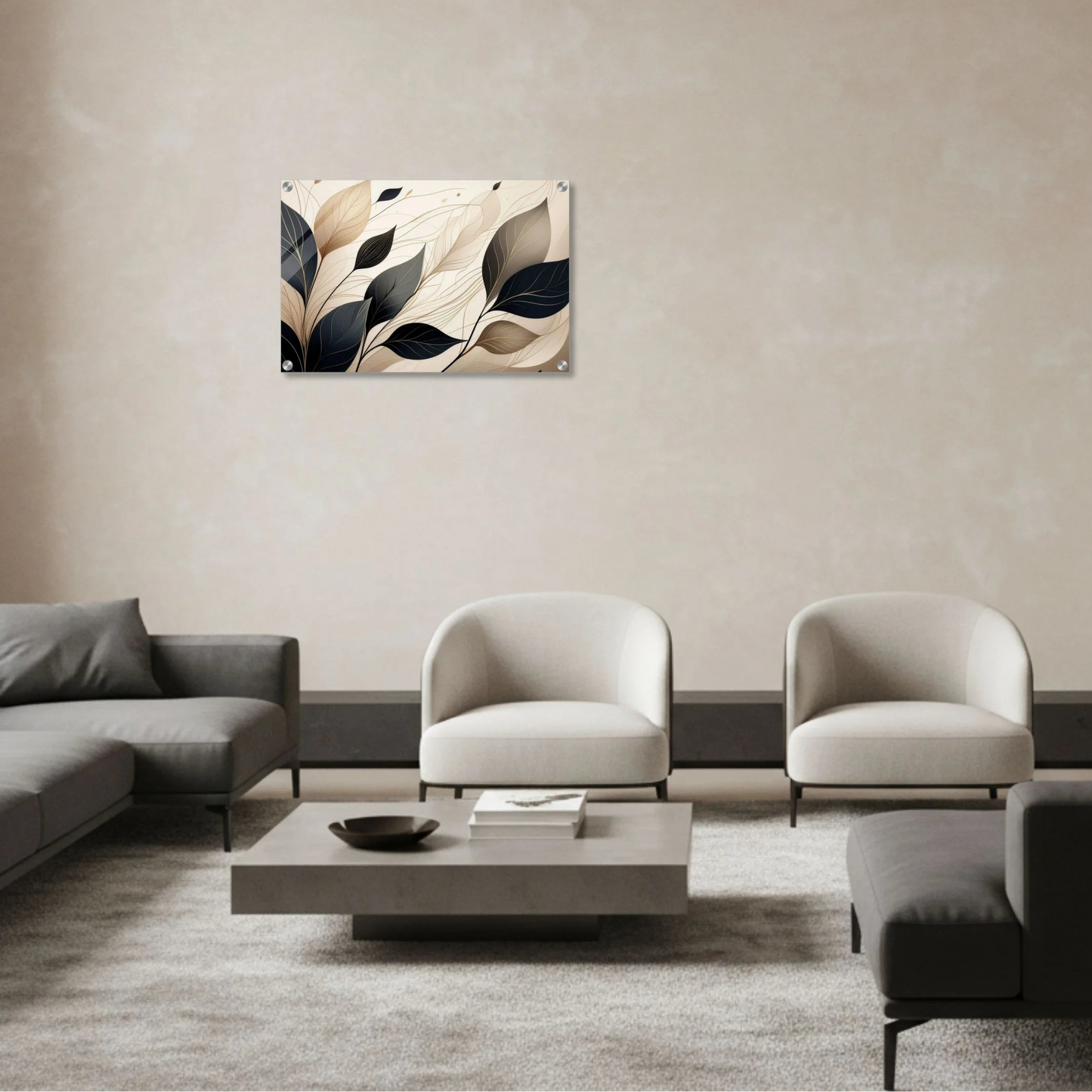 Modern living room with abstract wall art and neutral color scheme