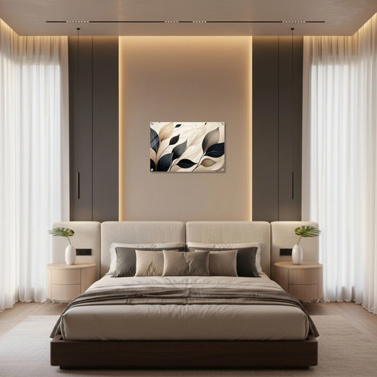 Modern bedroom with a bed, nightstands, and wall art.