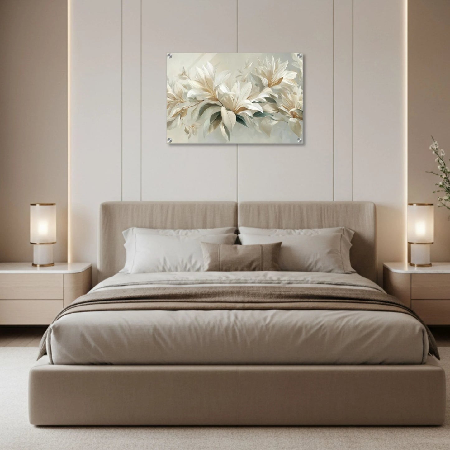 Modern bedroom with a beige bed, matching nightstands, and wall art.