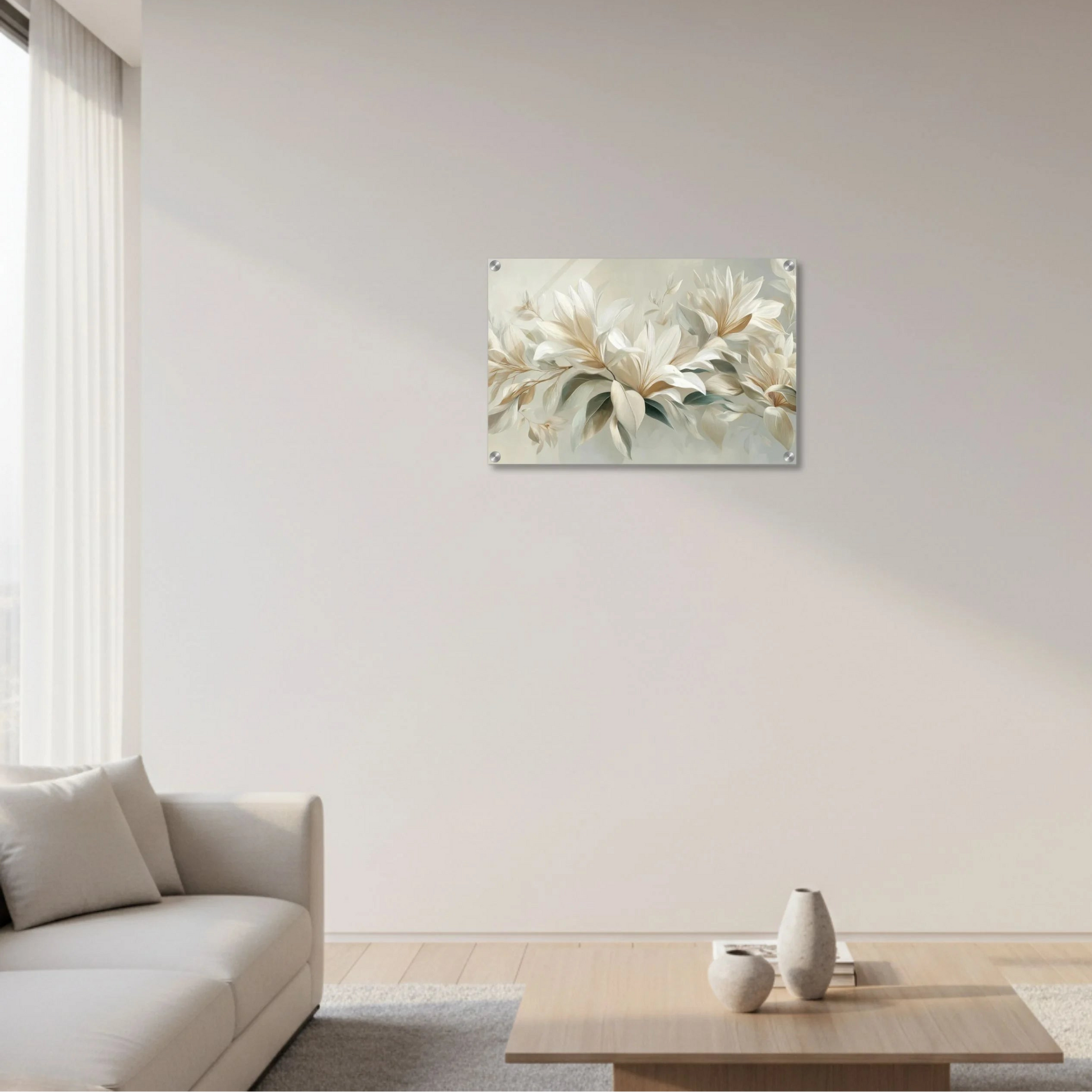 Floral painting on a wall in a modern living room