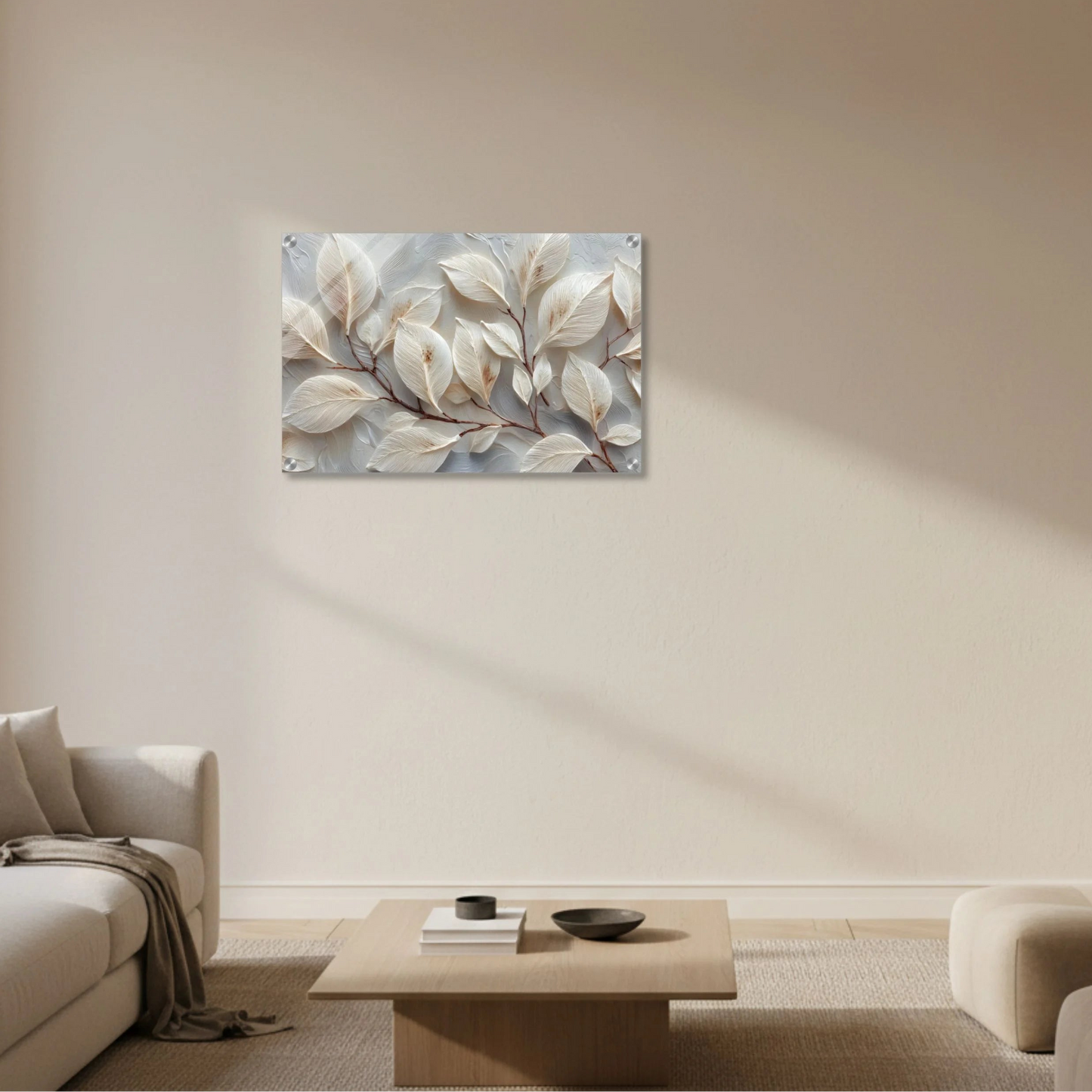 Abstract leaf painting on a wall in a living room setting