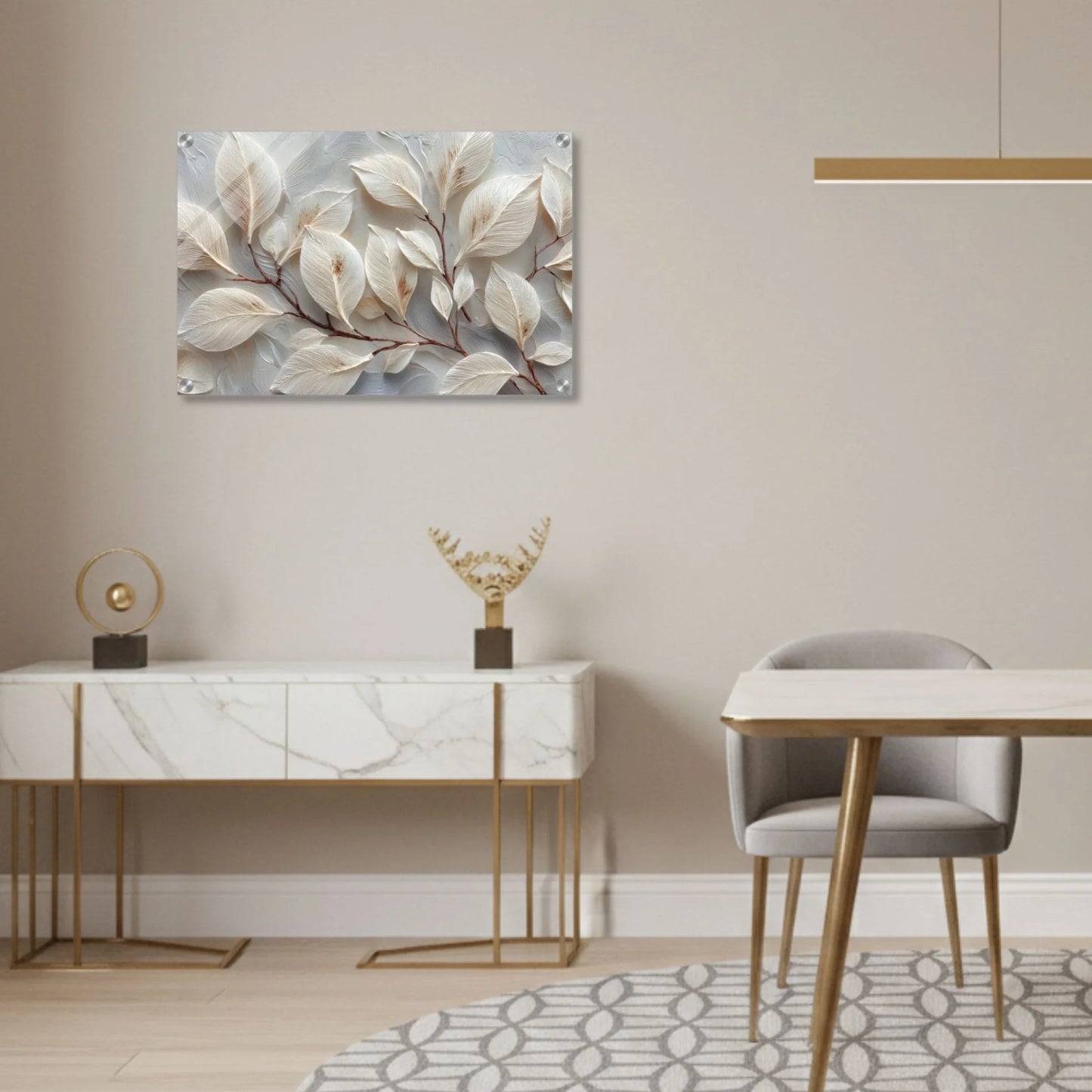 Modern dining room with a table, chairs, and decorative elements.