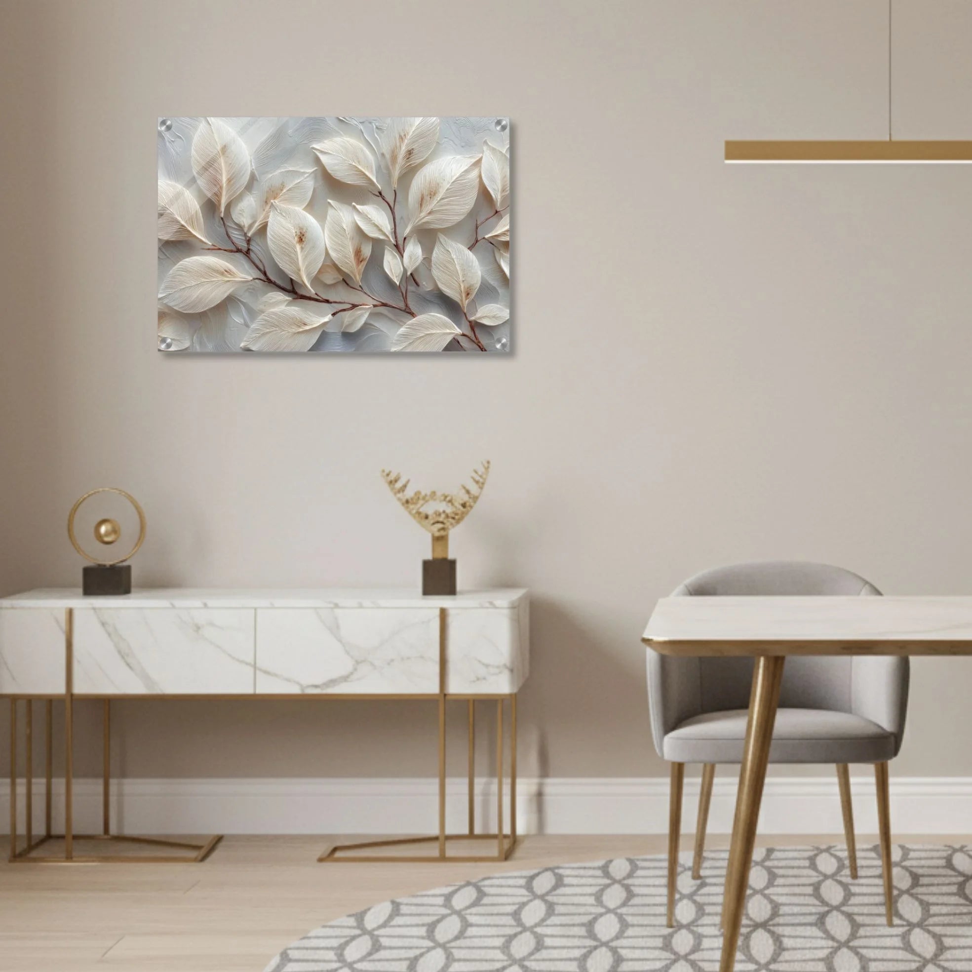 Modern dining room with a table, chairs, and decorative elements.