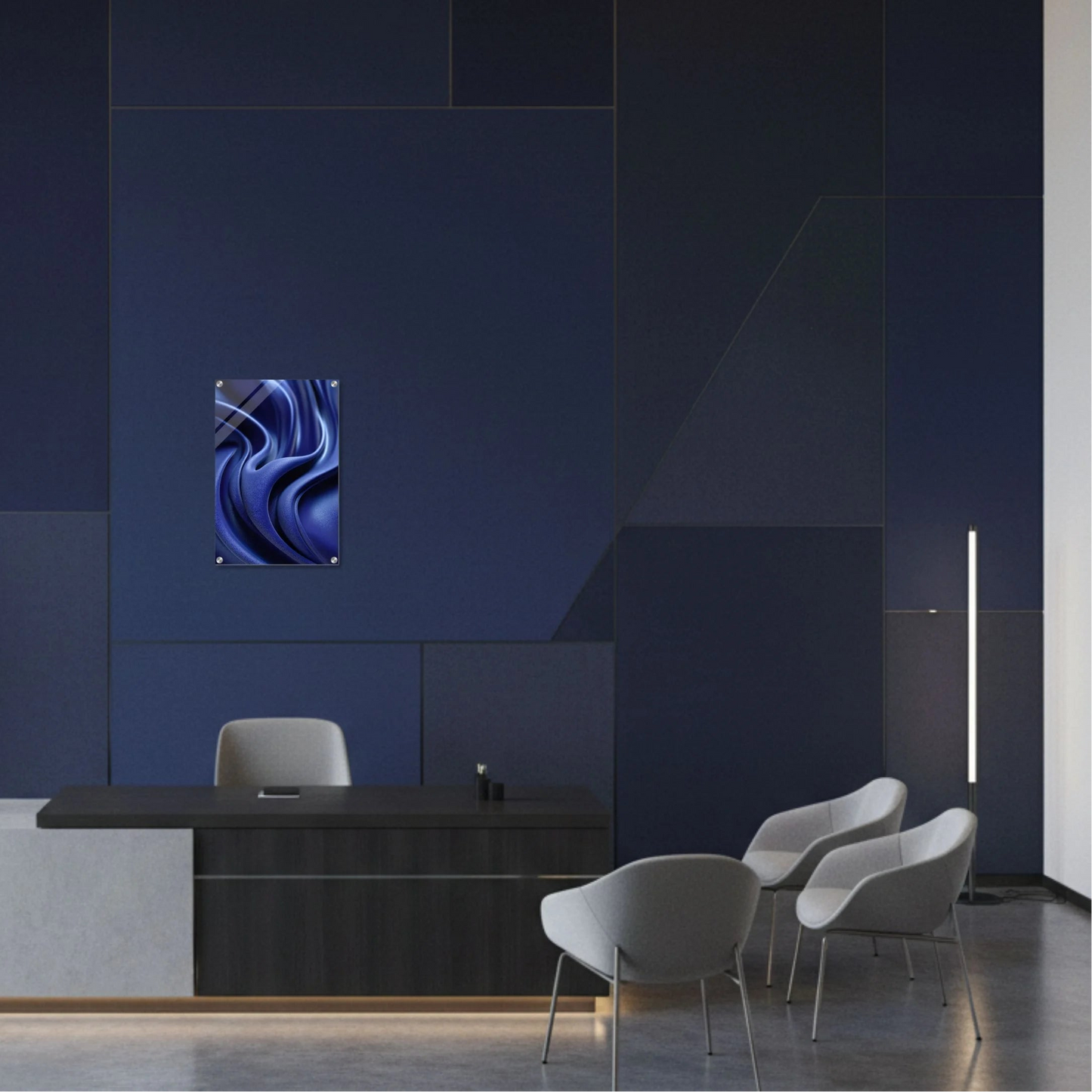 Modern office interior with a blue abstract sculpture on a dark wall.