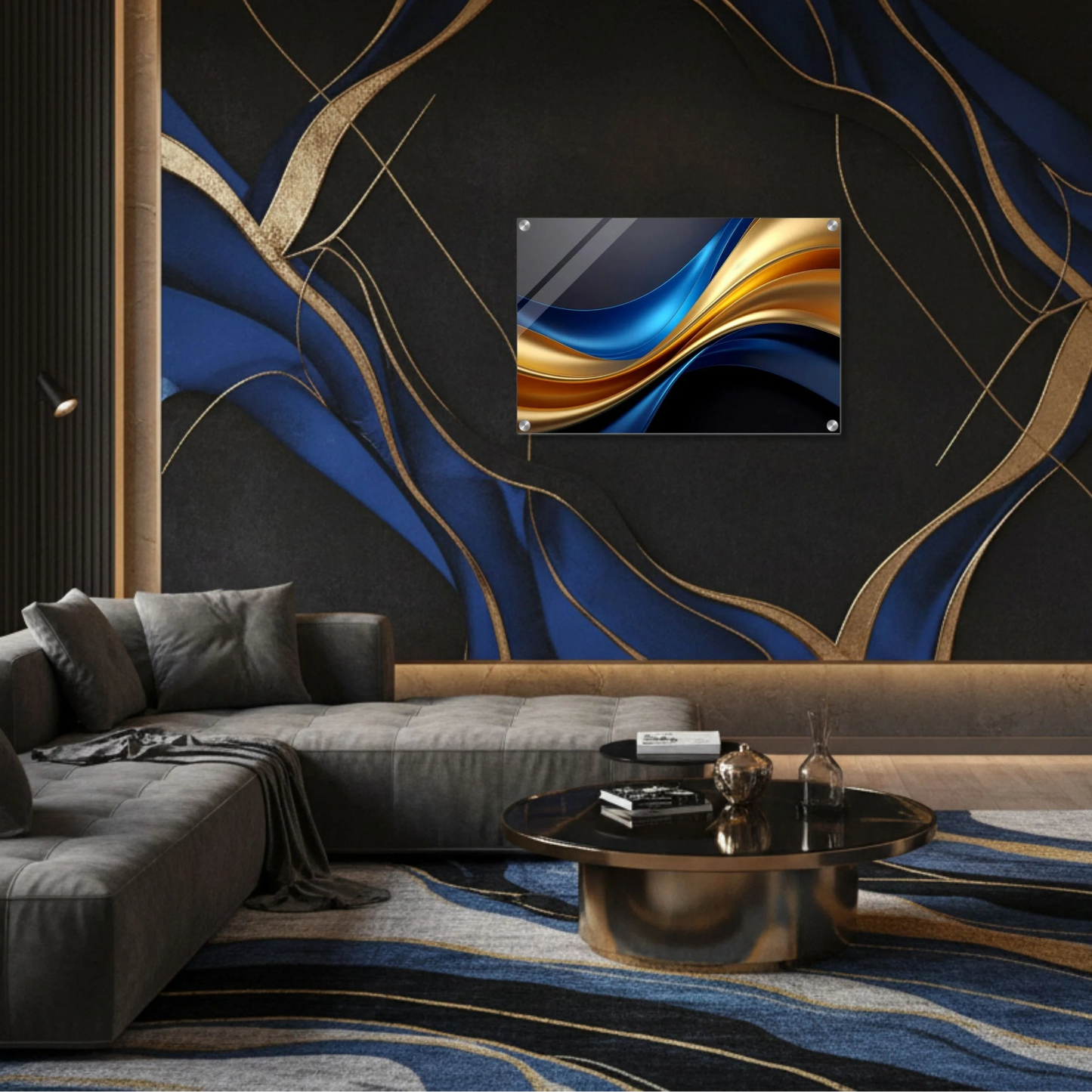 Modern living room with abstract wall art and stylish furniture