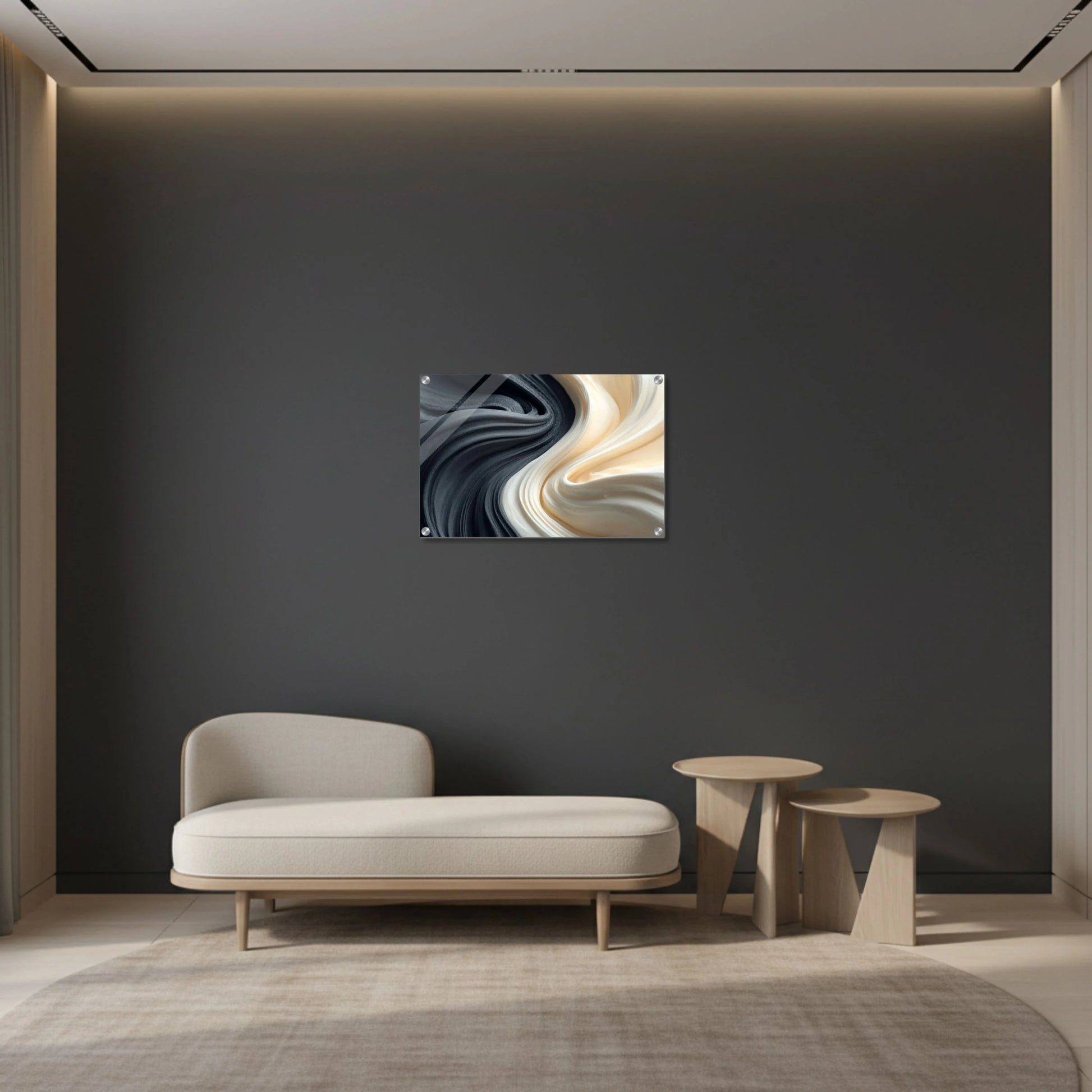 Modern living room with a gray sofa, wooden side table, and abstract wall art.