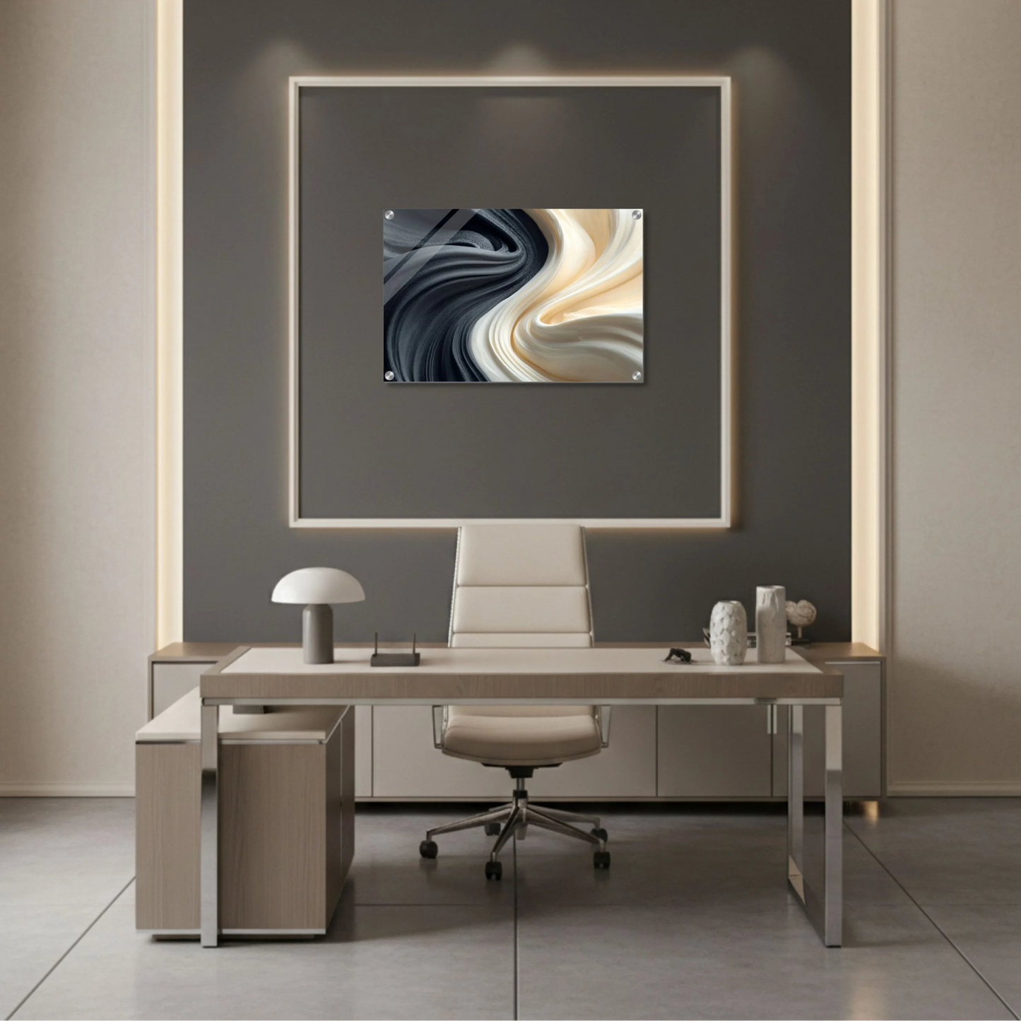 Modern office interior with a desk, chair, and abstract painting on a gray wall.