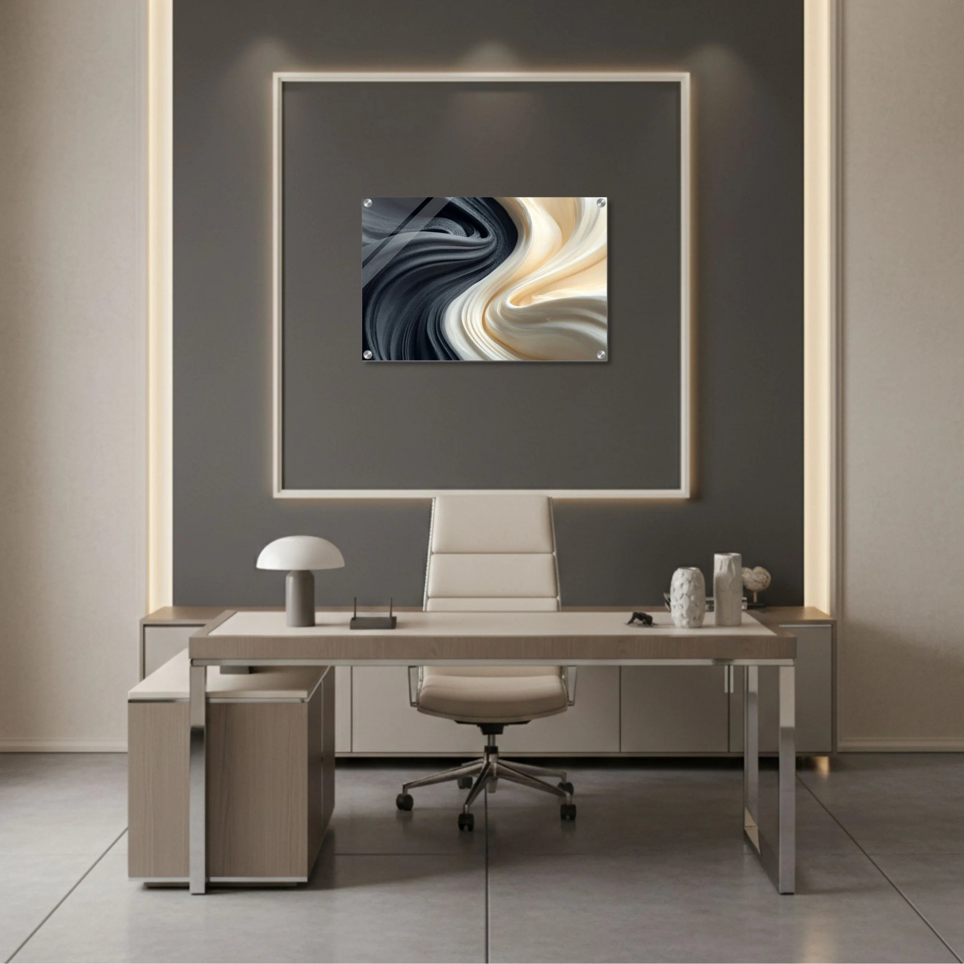 Modern office interior with a desk, chair, and abstract painting on a gray wall.