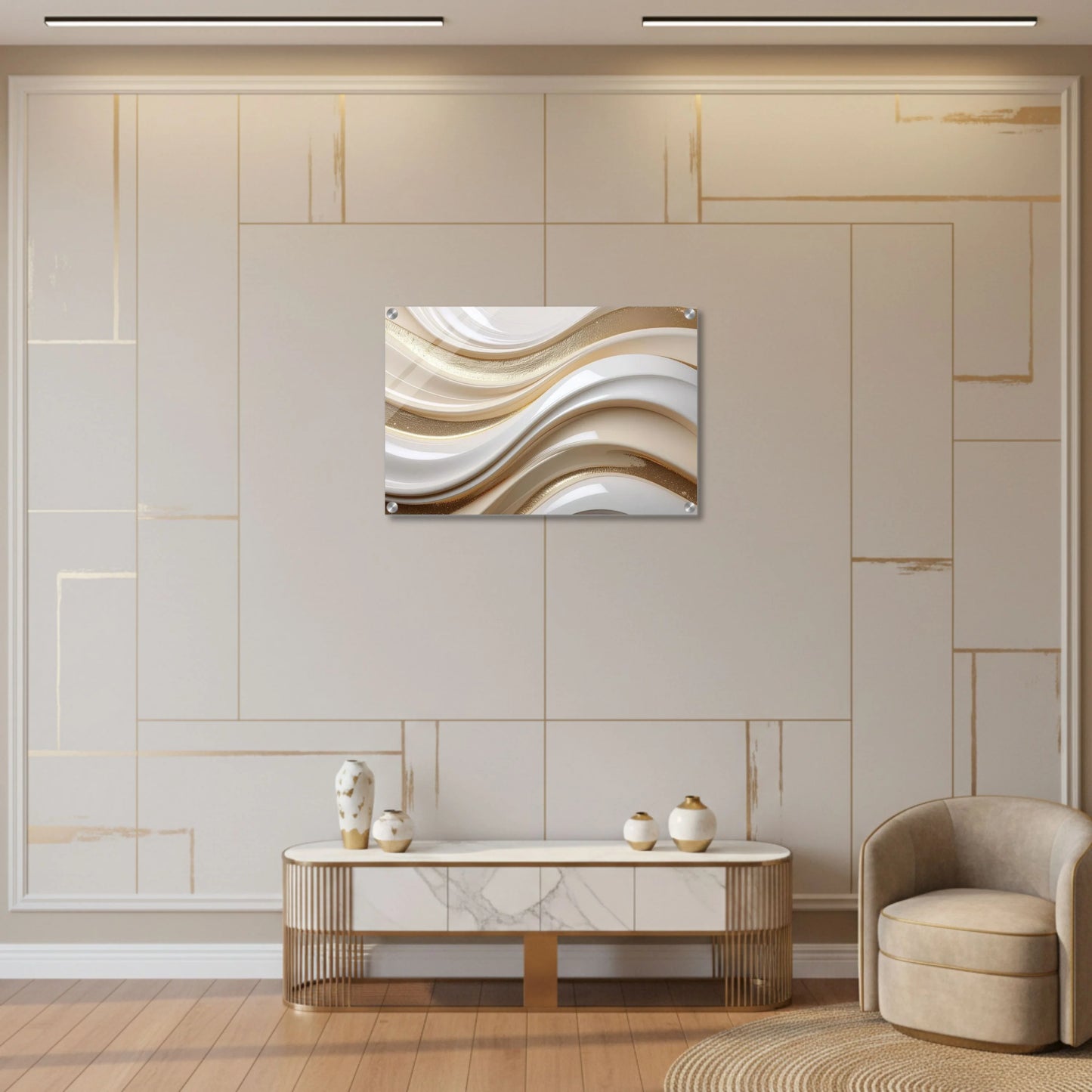 Modern interior with abstract wall art, marble table, and armchair.