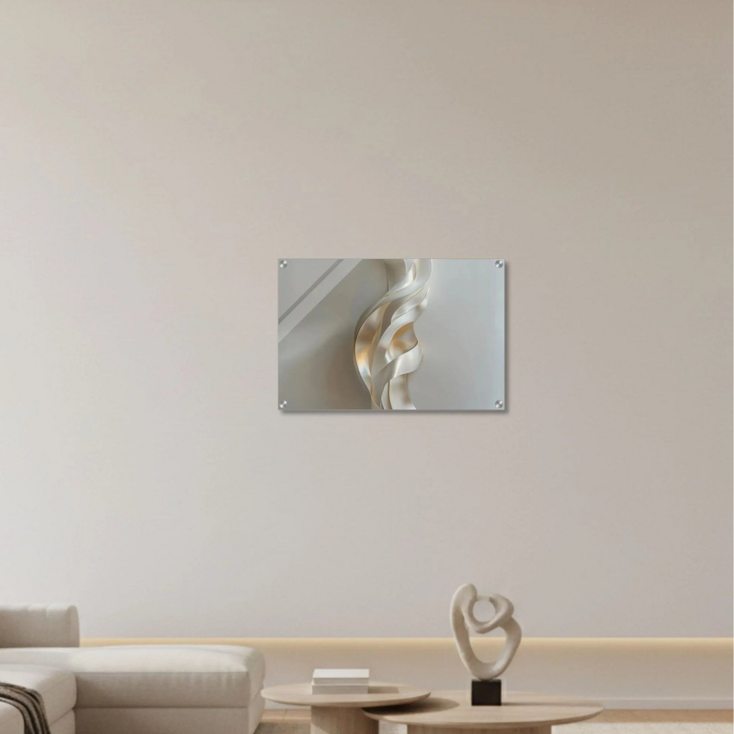 Modern living room with a mirror on the wall, sofa, coffee table, and decorative items.