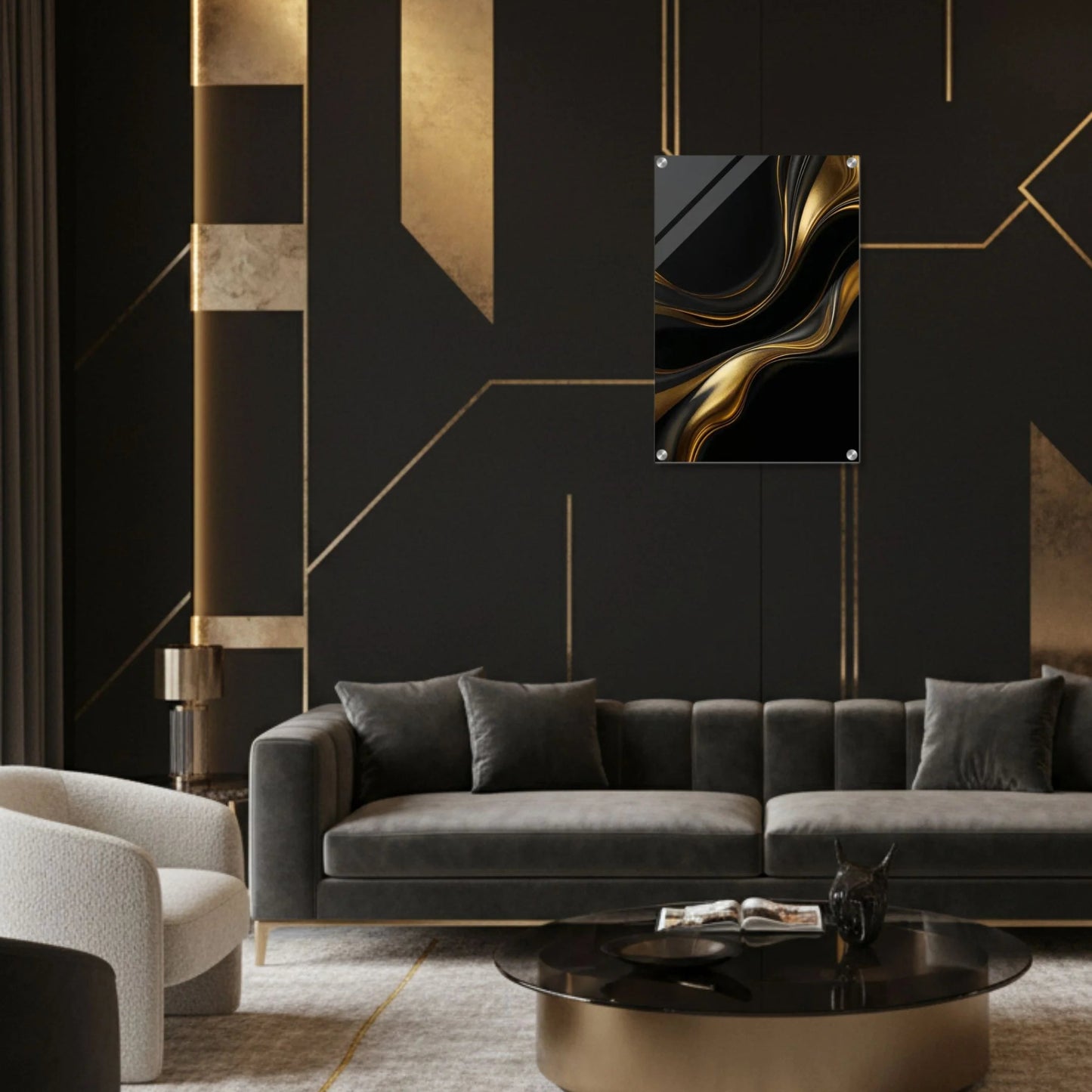 Modern living room with black sofa, gold accents, and abstract wall art.