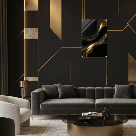 Modern living room with black sofa, gold accents, and abstract wall art.