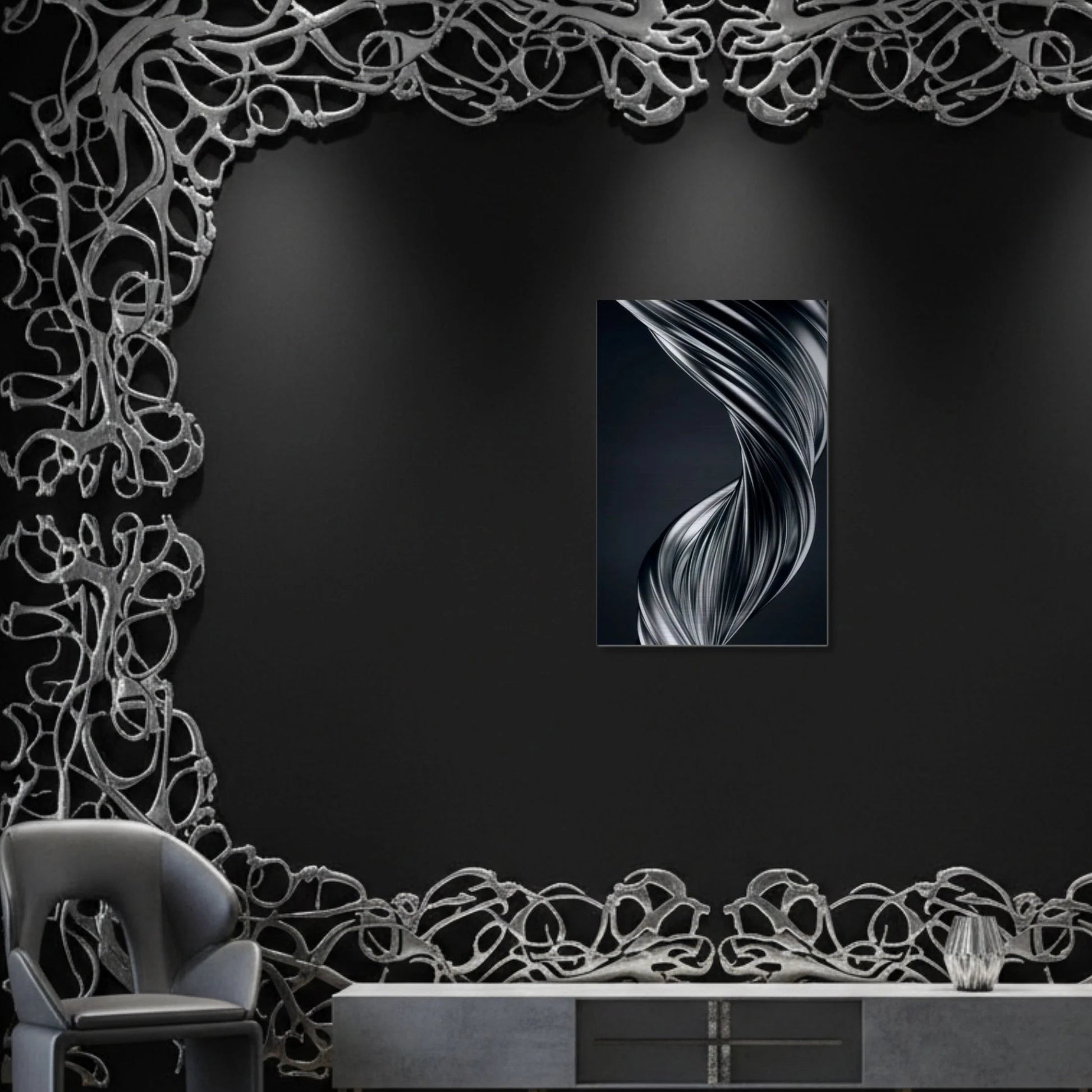 Modern living room with decorative wall art and furniture