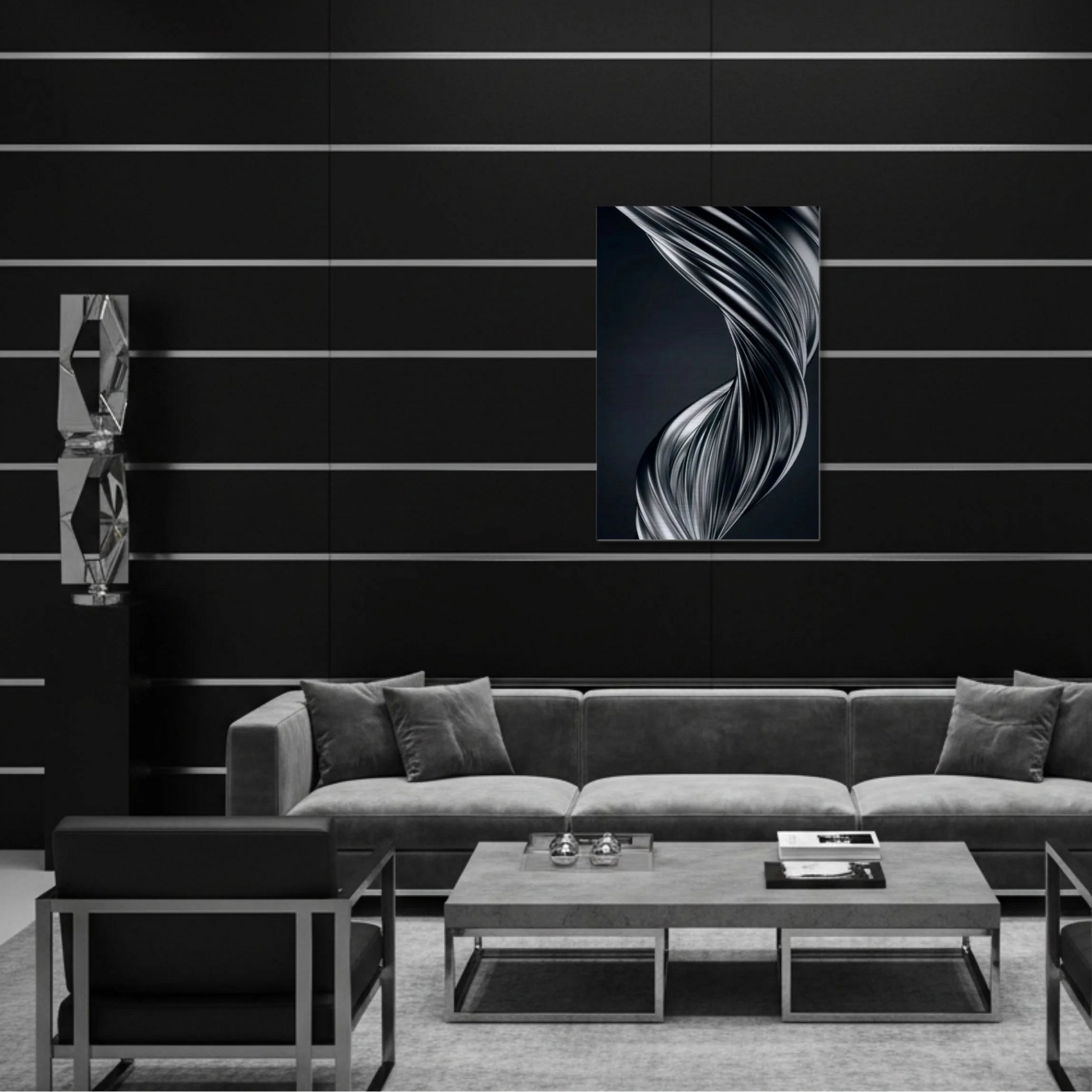 Modern living room with a black wall, gray sofa, and abstract art.