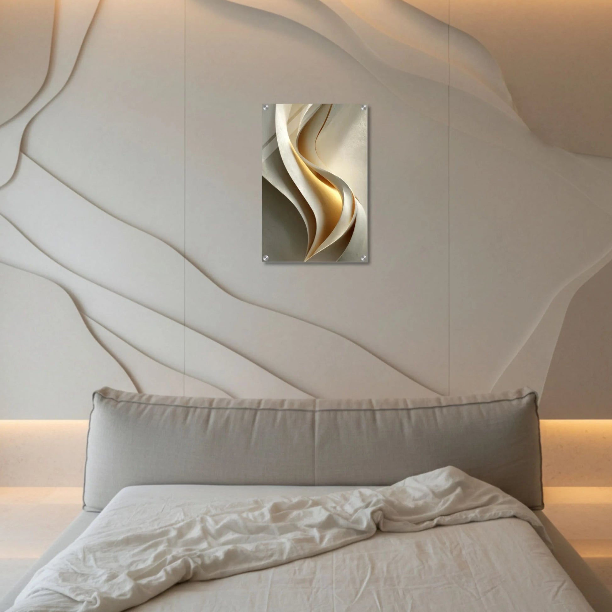 Modern bedroom with a textured wall and decorative light fixture.
