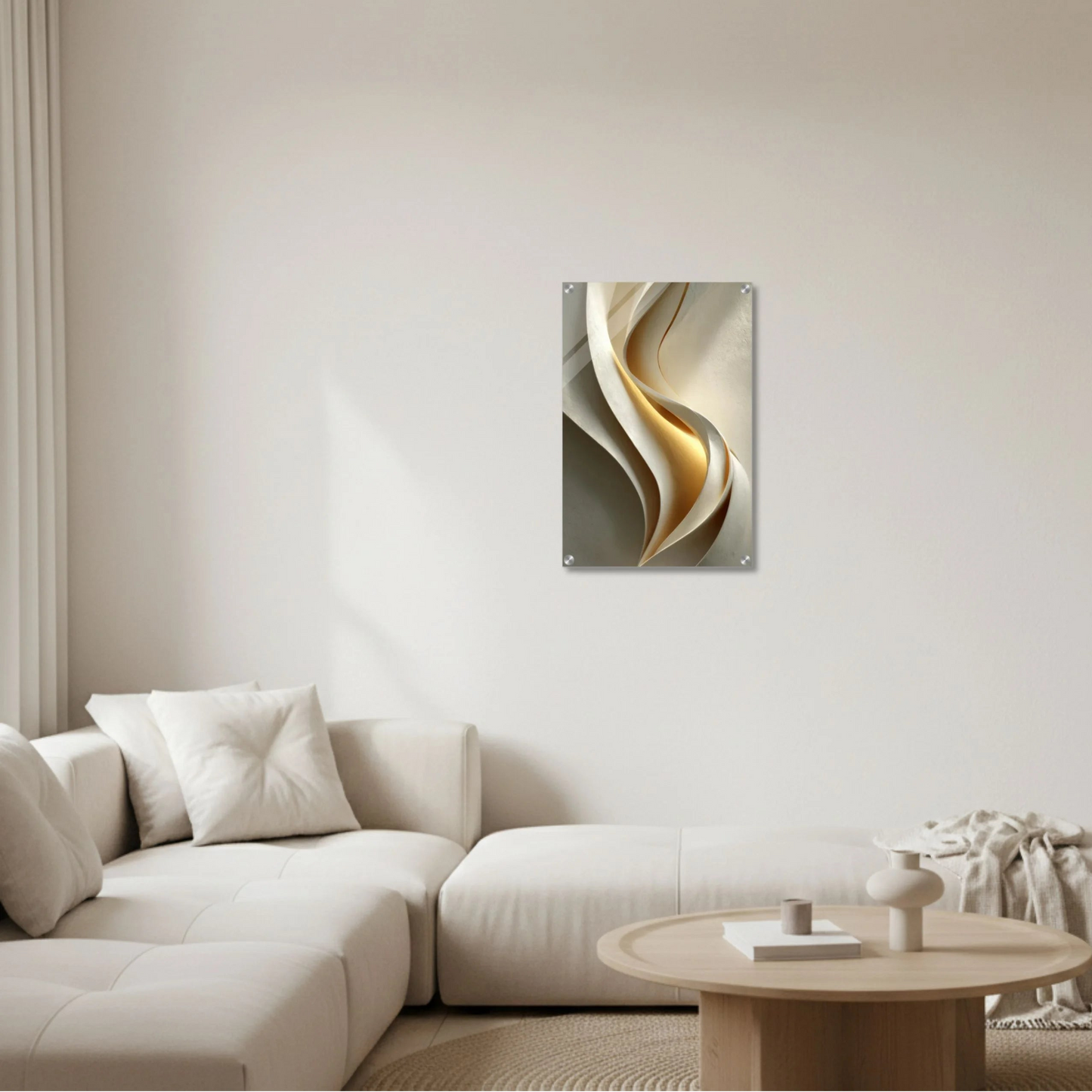 Modern living room with a abstract wall art piece on a white wall.