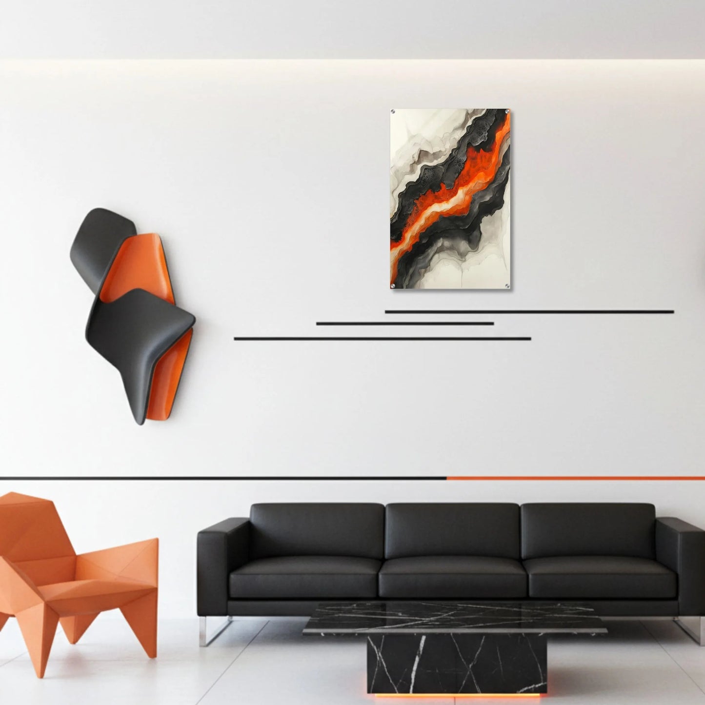 Modern living room with black sofa, orange chairs, and abstract wall art.