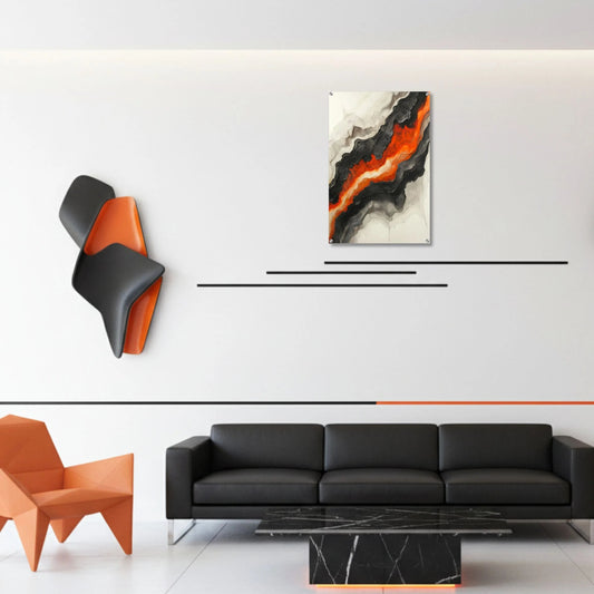 Modern living room with black sofa, orange chairs, and abstract wall art.