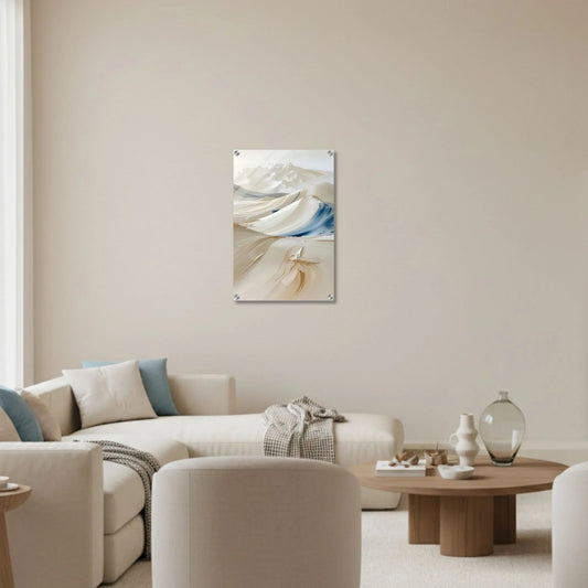 Modern living room with neutral color scheme, artwork on walls, and minimal furniture.