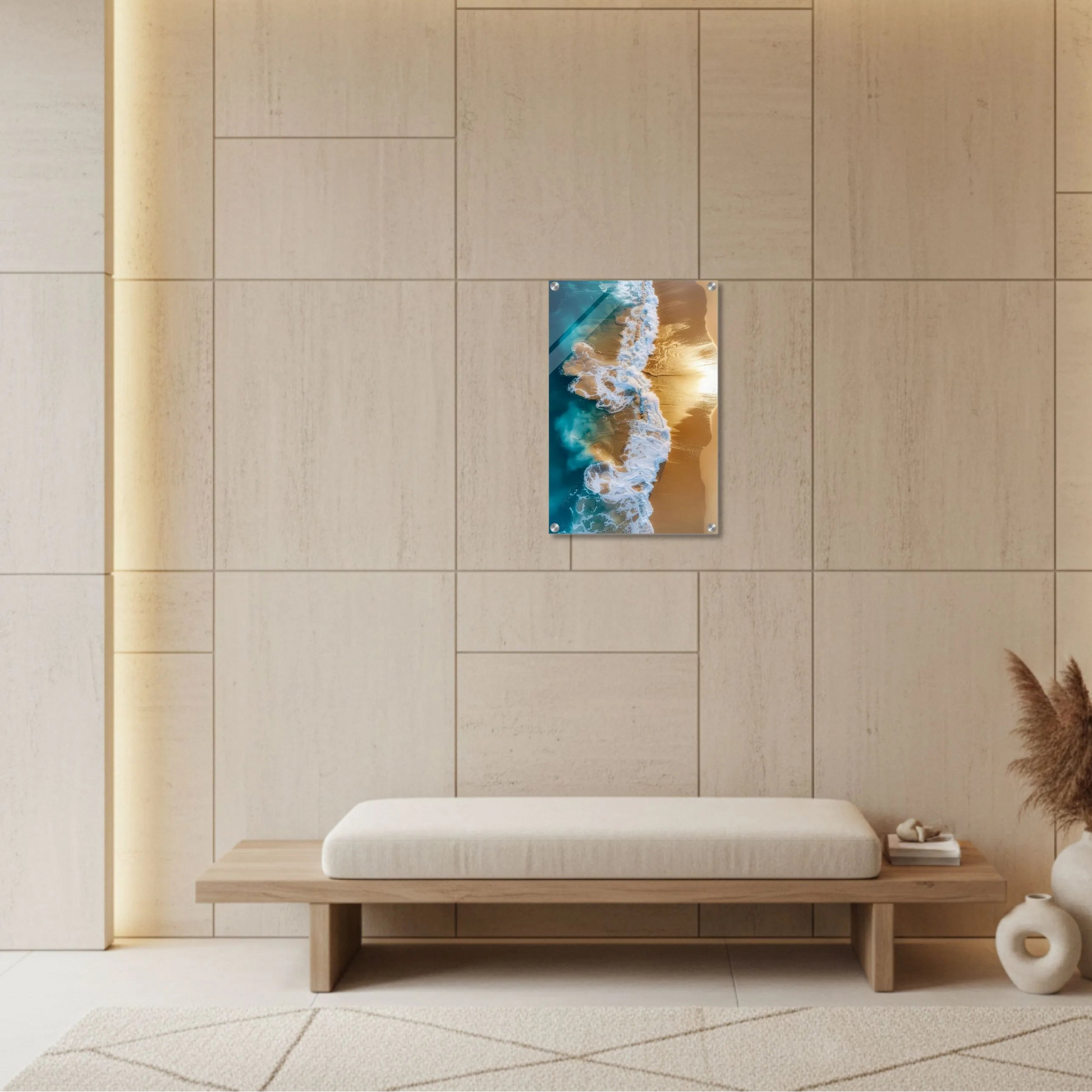 Modern interior with a wooden bench, abstract painting, and decorative vase against a light-colored wall.