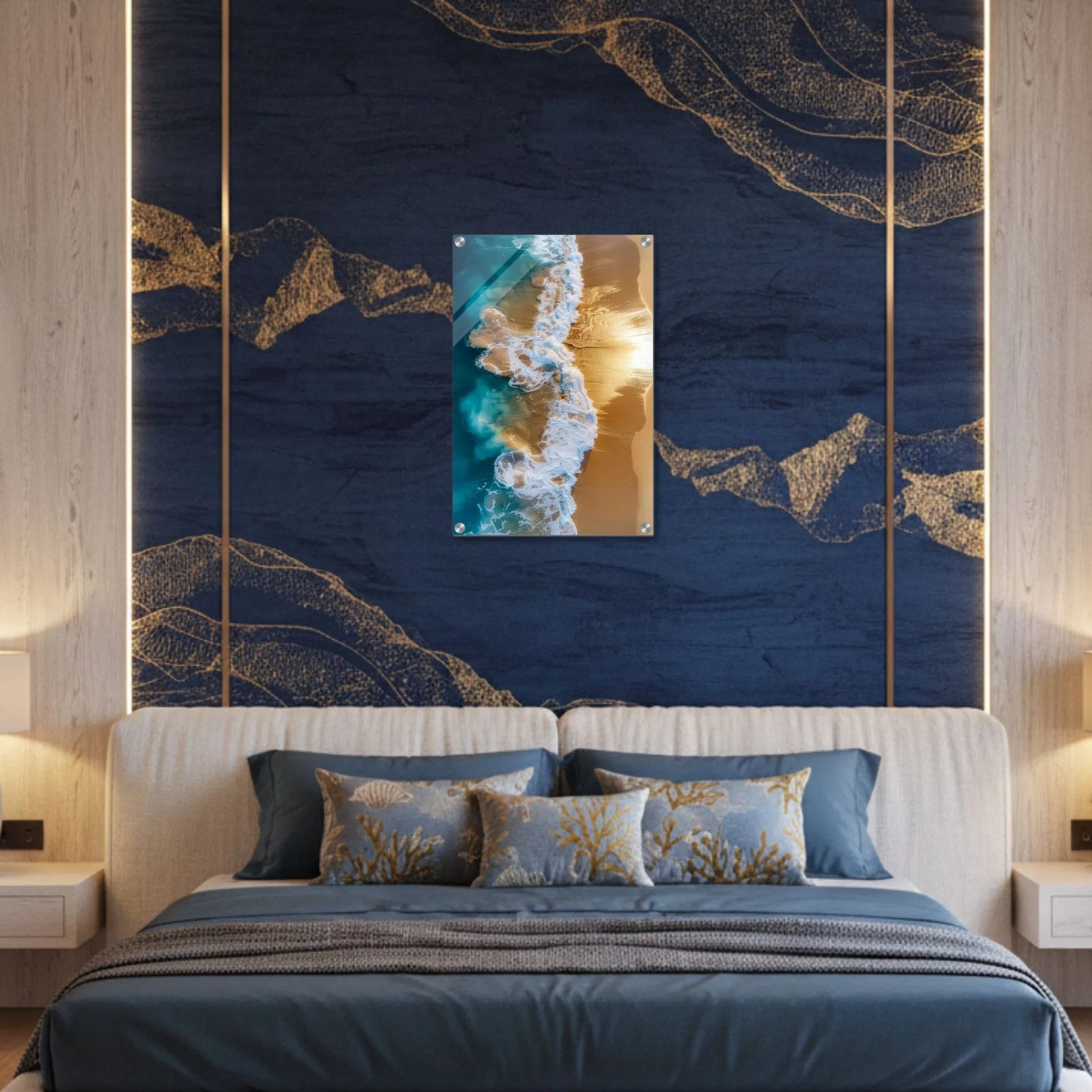 Modern bedroom with a large abstract painting on the wall above a bed.
