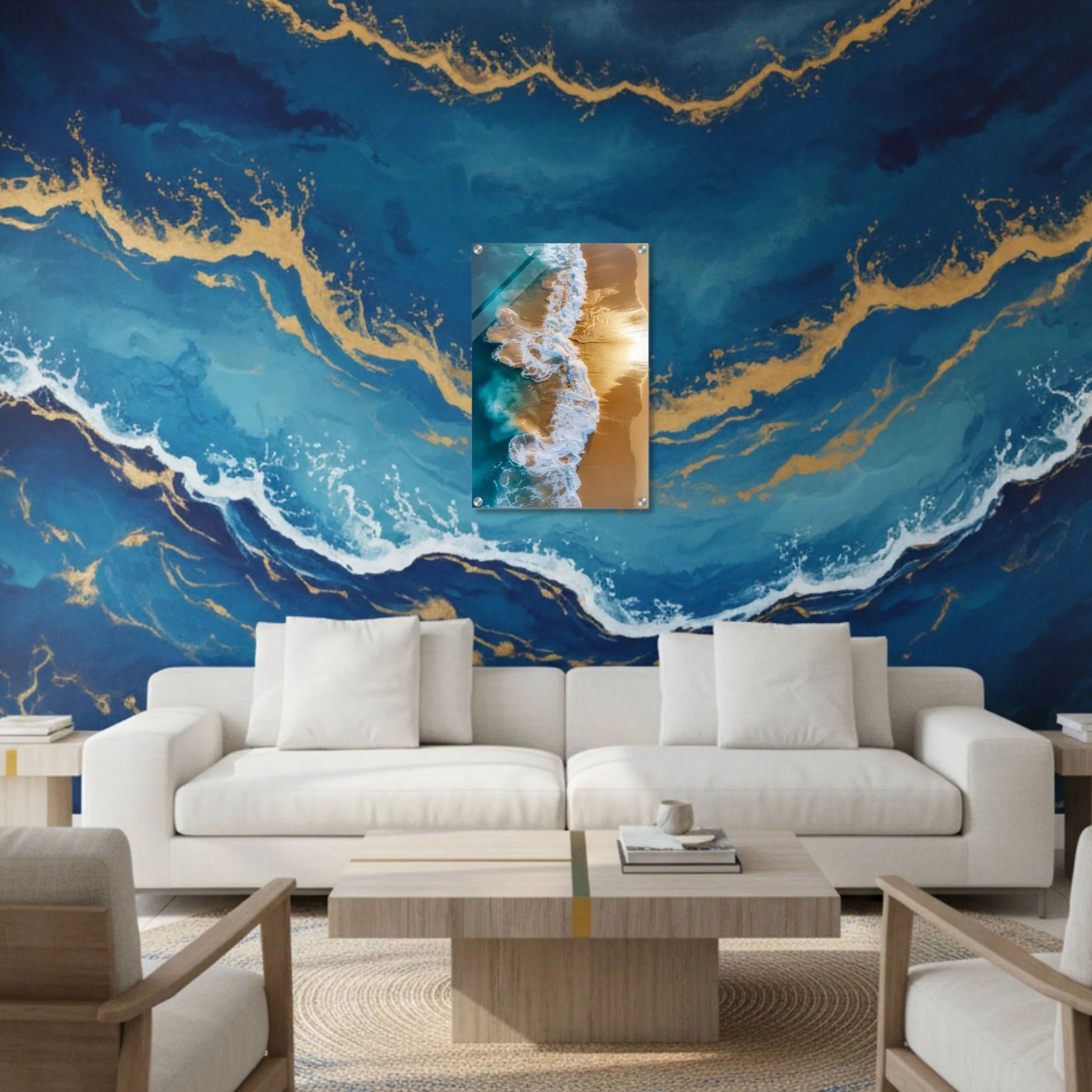 Modern living room with a large abstract wall art piece.
