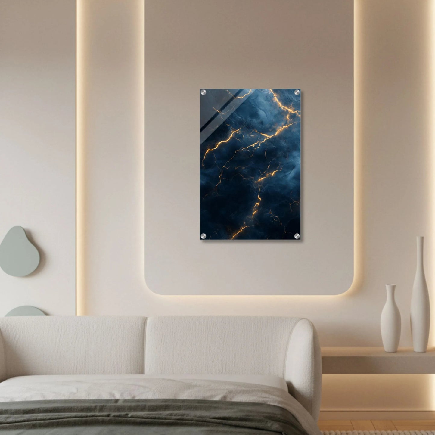 Dark Blue & Gold Lightning Storm – Abstract Acrylic Wall Art