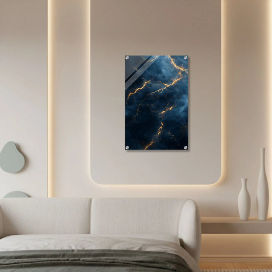 Dark Blue & Gold Lightning Storm – Abstract Acrylic Wall Art