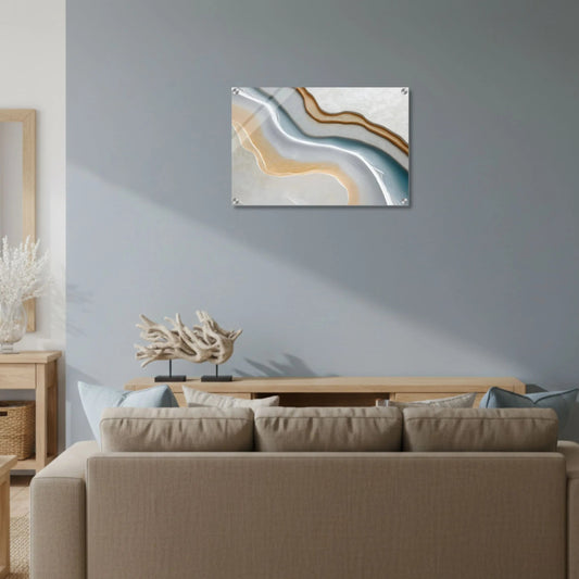 Living room with a beige sofa, coffee table, and abstract wall art on a light blue wall.