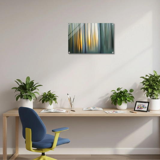 Modern office setup with a desk, chair, and wall art
