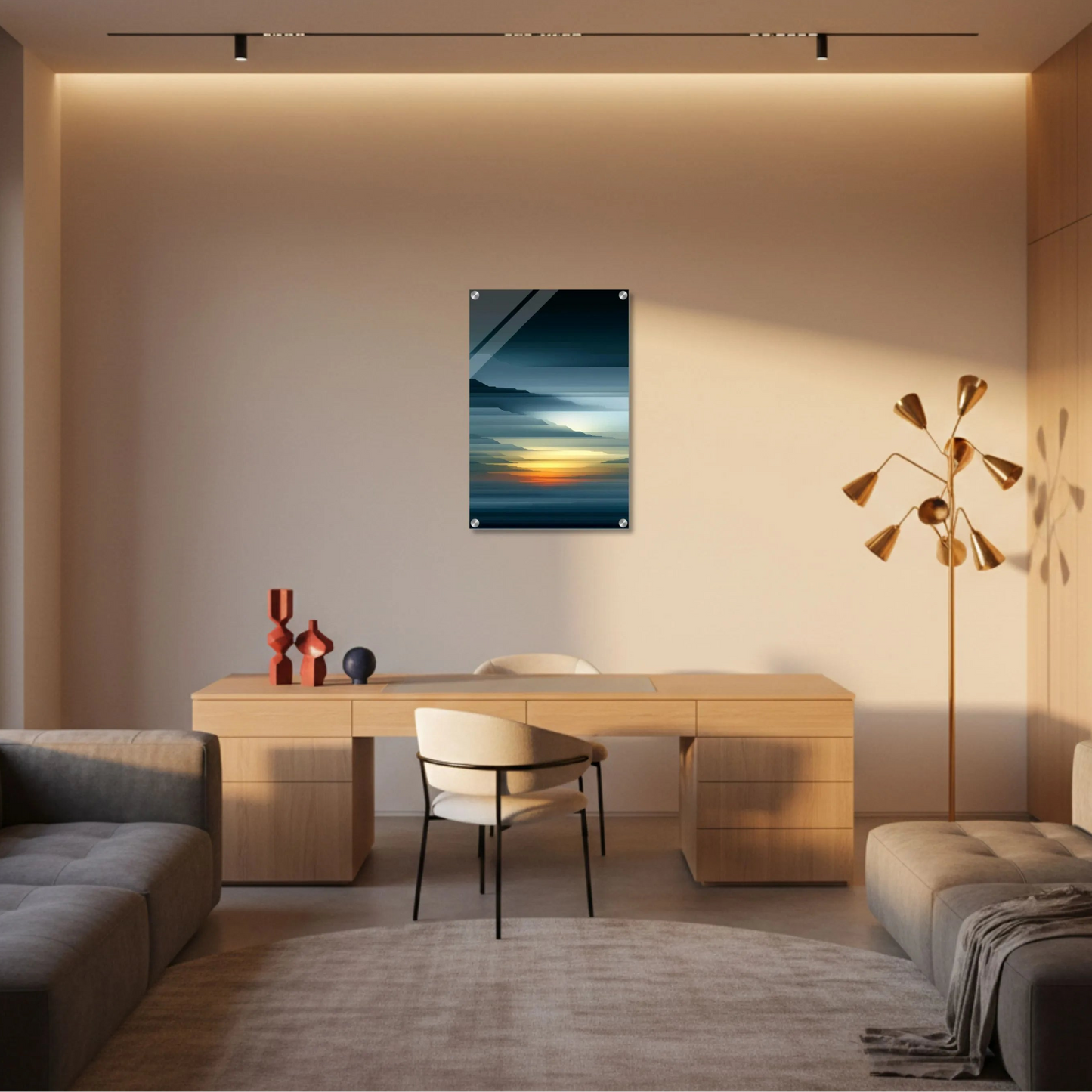 Modern living room with a desk, chair, and decorative elements.