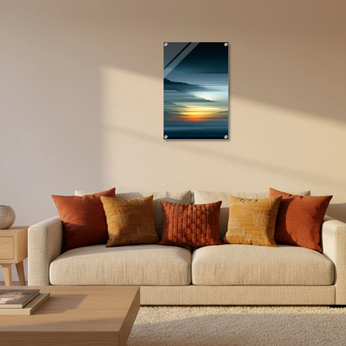 Living room with a beige sofa, colorful pillows, and a wall art piece.
