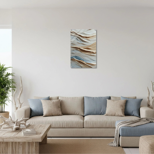 Living room with a beige sofa, decorative pillows, and a abstract wall art piece.