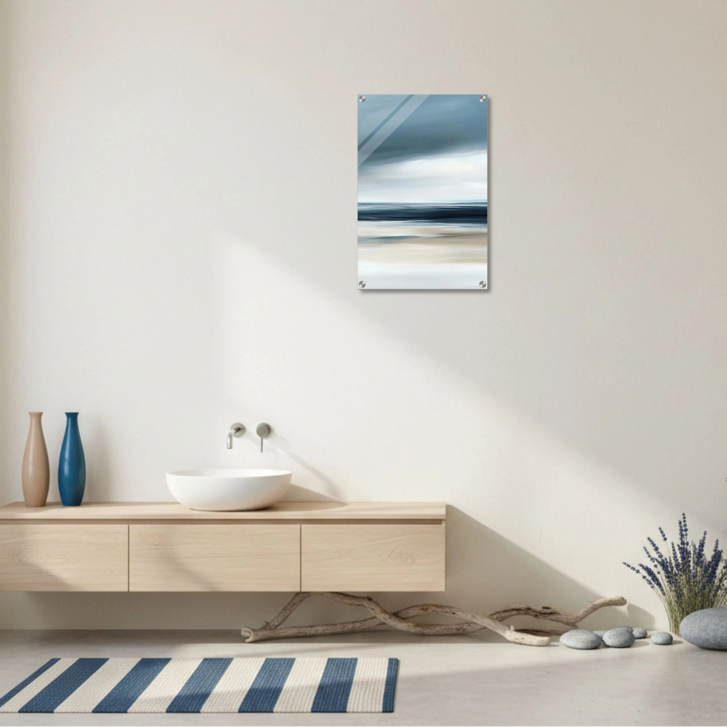Modern bathroom interior with a mirror reflecting an ocean scene, wooden vanity, and decorative elements.