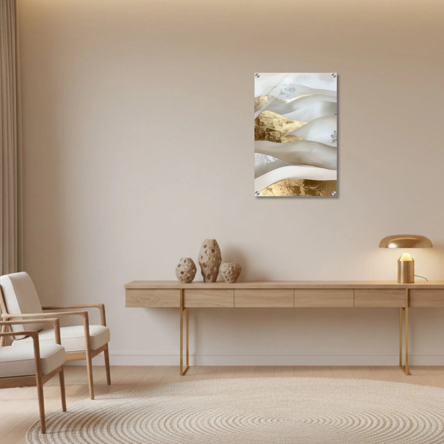 Modern living room with a console table, chairs, and a rug.