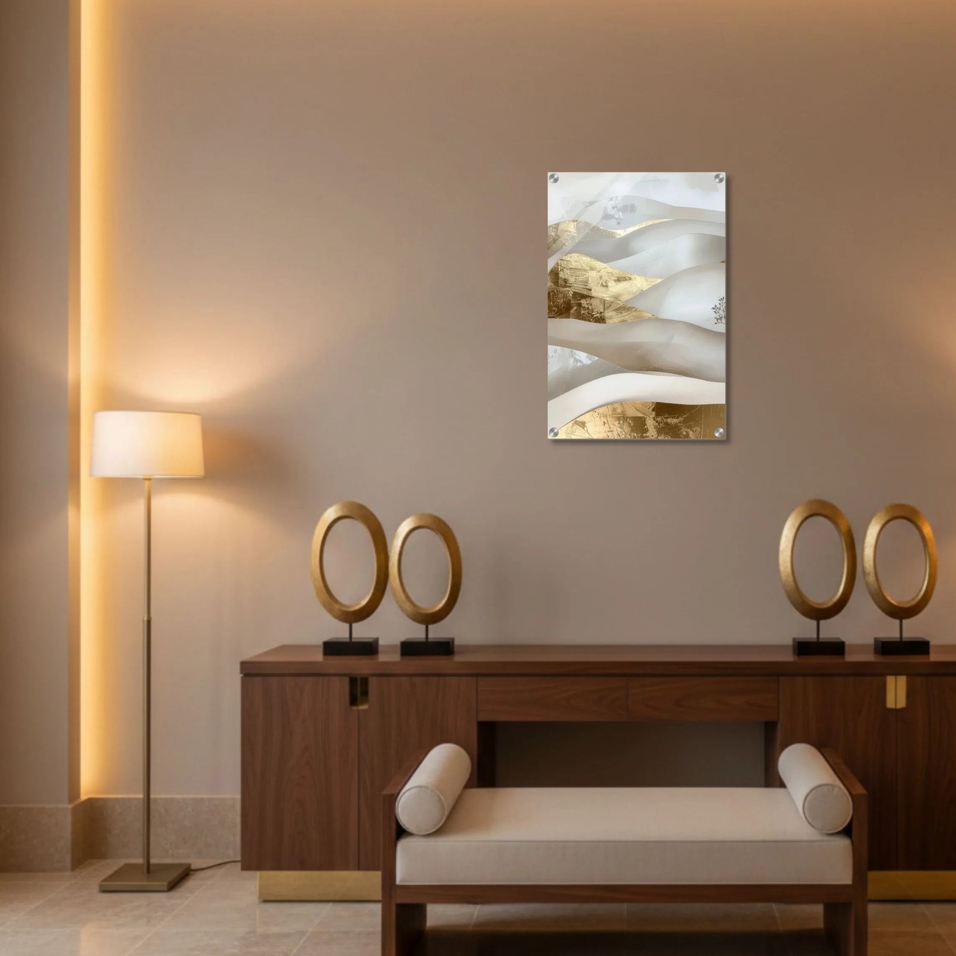 Modern interior with a wooden console table, bench, and decorative items against a beige wall.