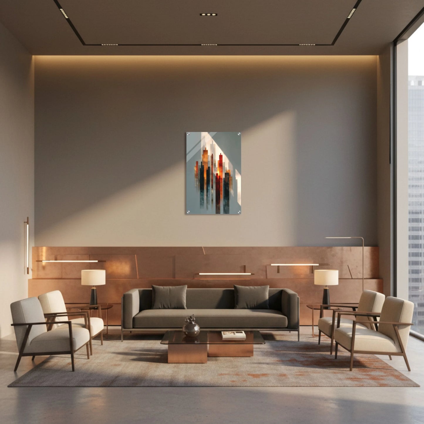 Modern living room with a gray sofa, chairs, and a painting on the wall.