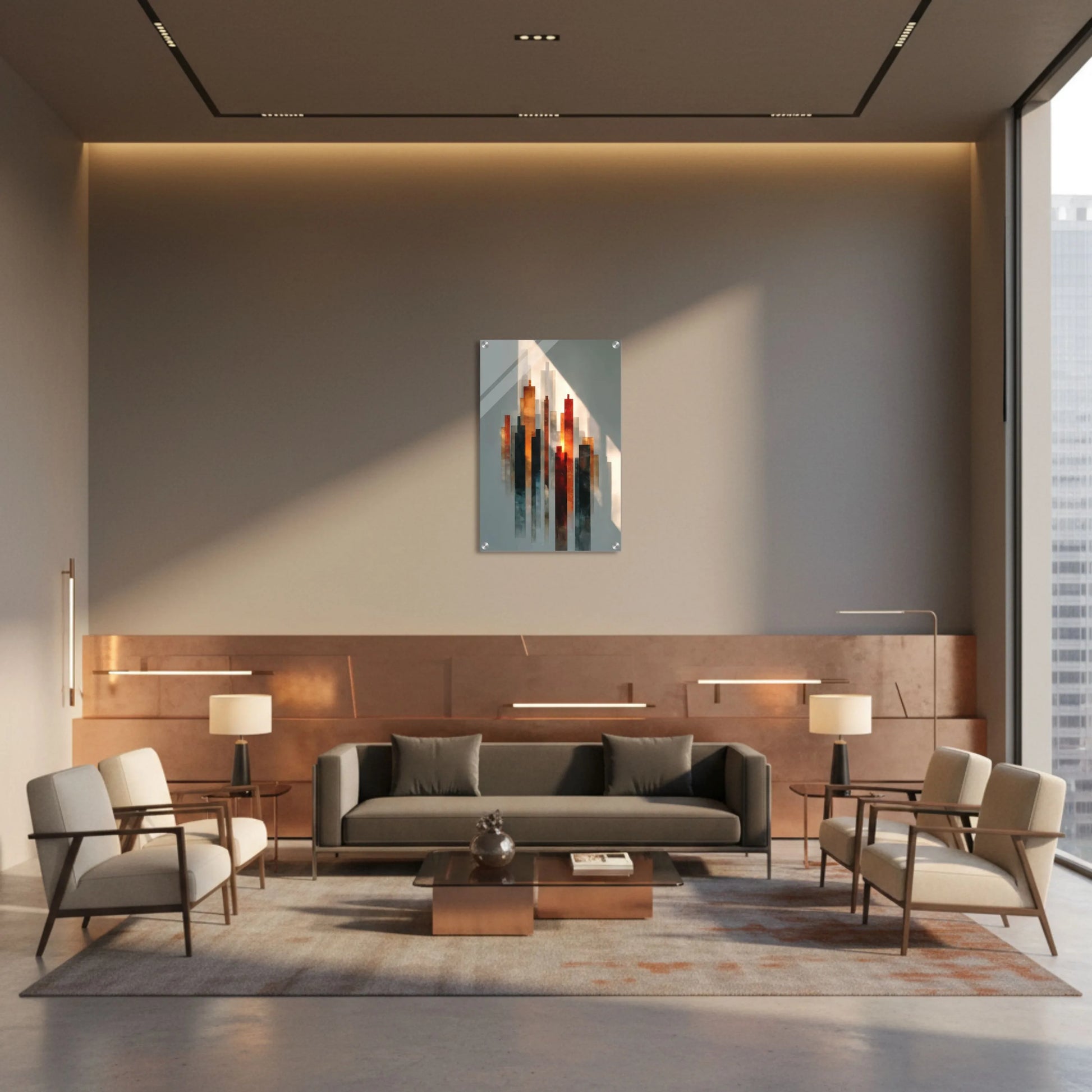 Modern living room with a gray sofa, chairs, and a painting on the wall.