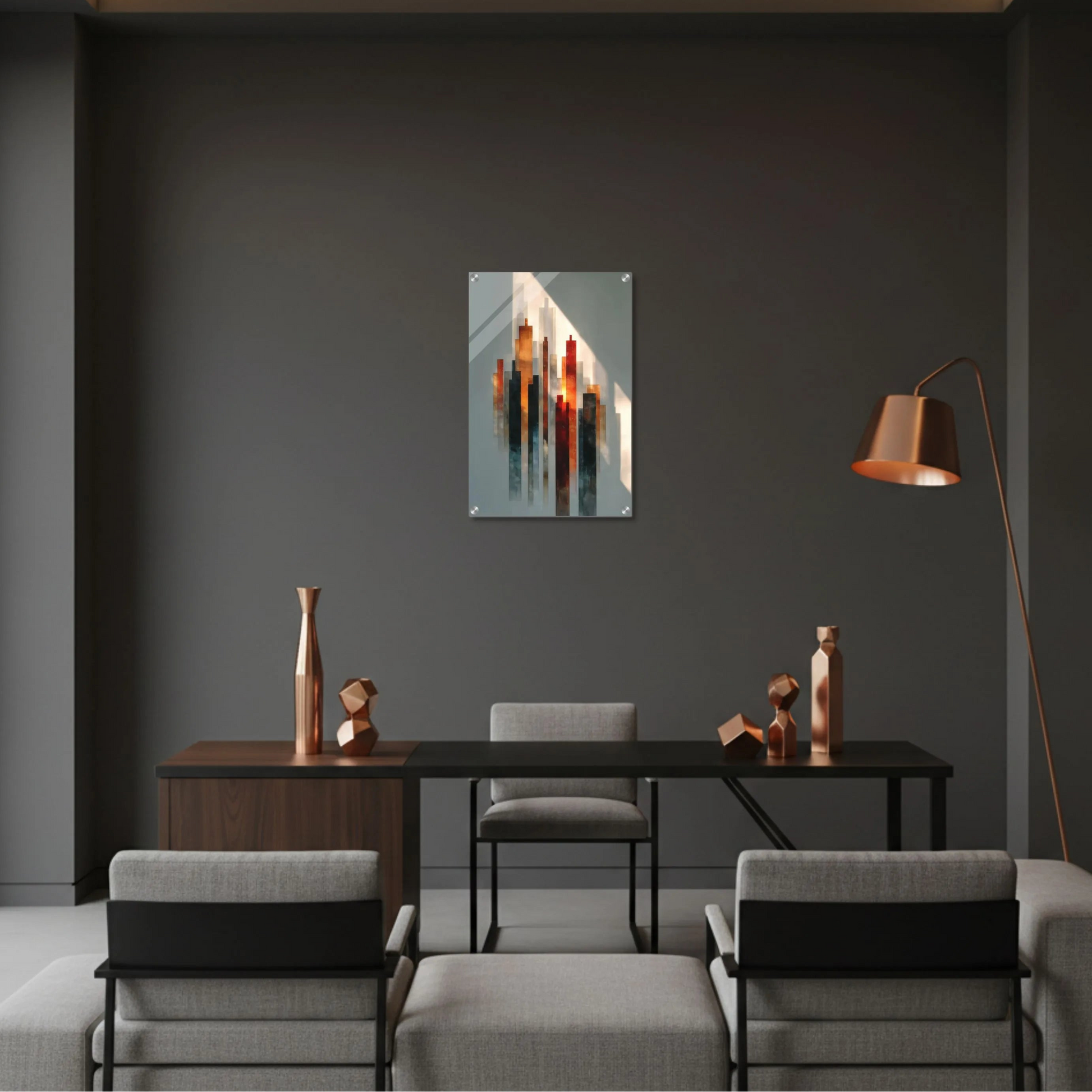 Modern living room with gray walls, furniture, and decorative items.