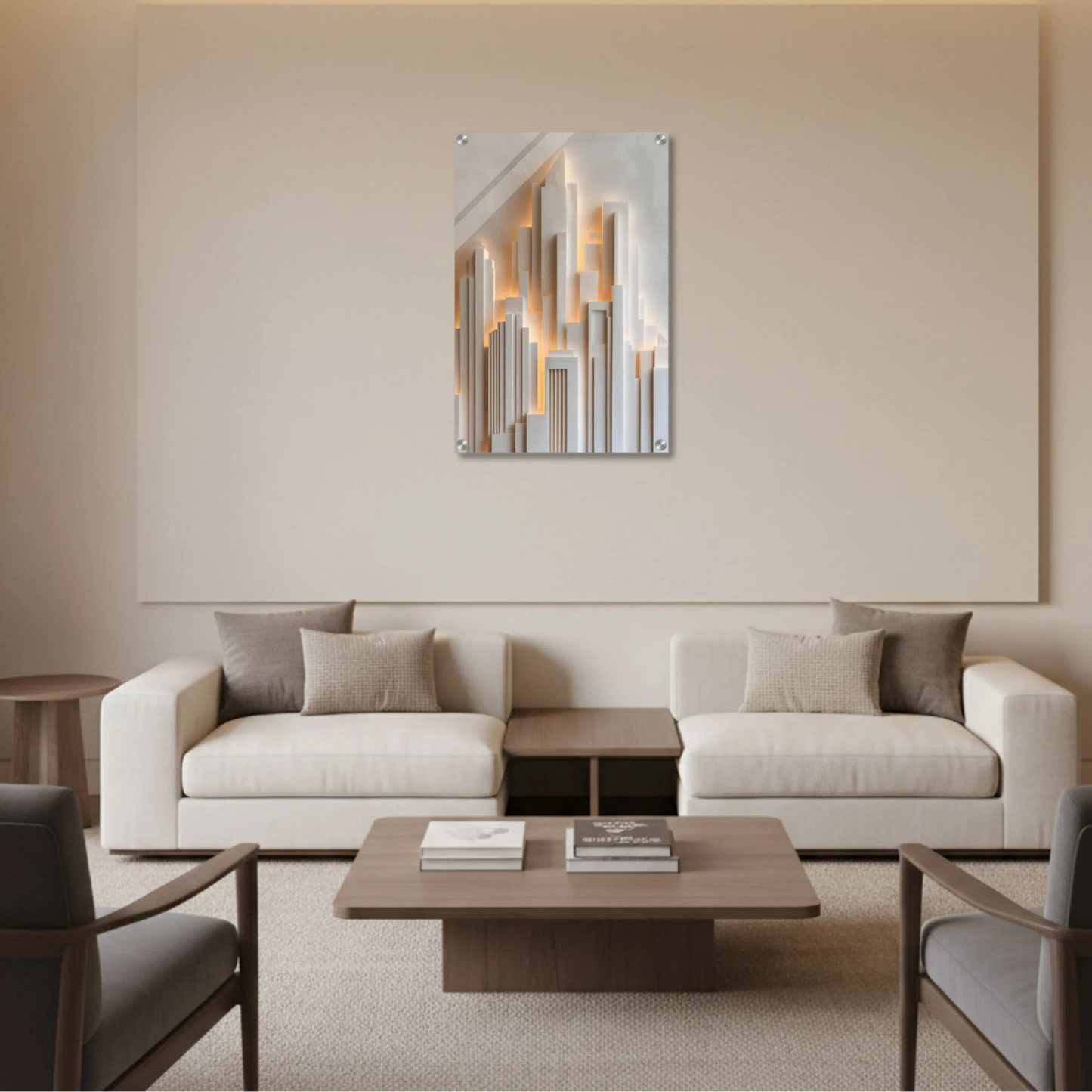 Modern living room with a beige sofa, coffee table, and abstract mirror on the wall.