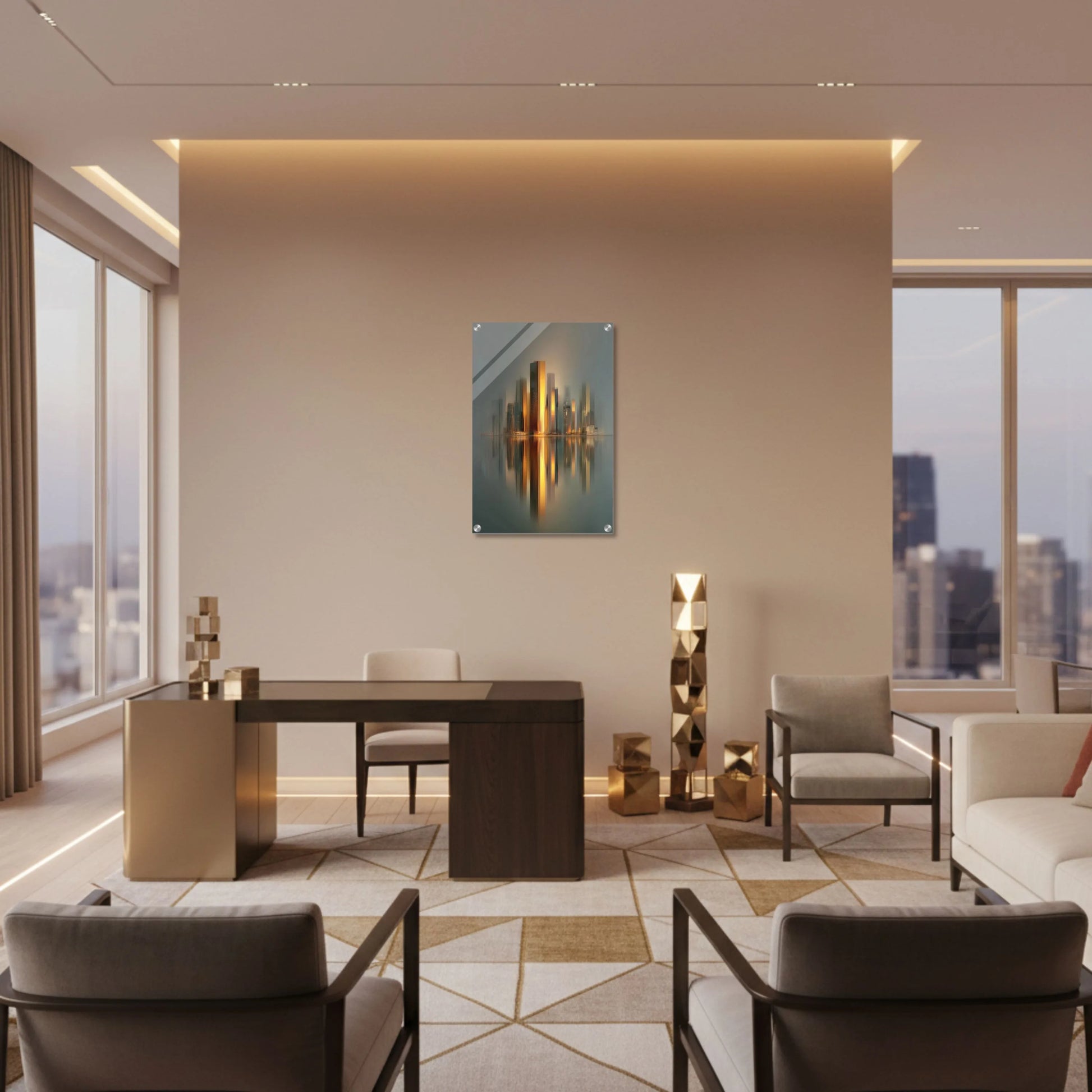 Modern living room with a painting on the wall, furniture, and large windows.